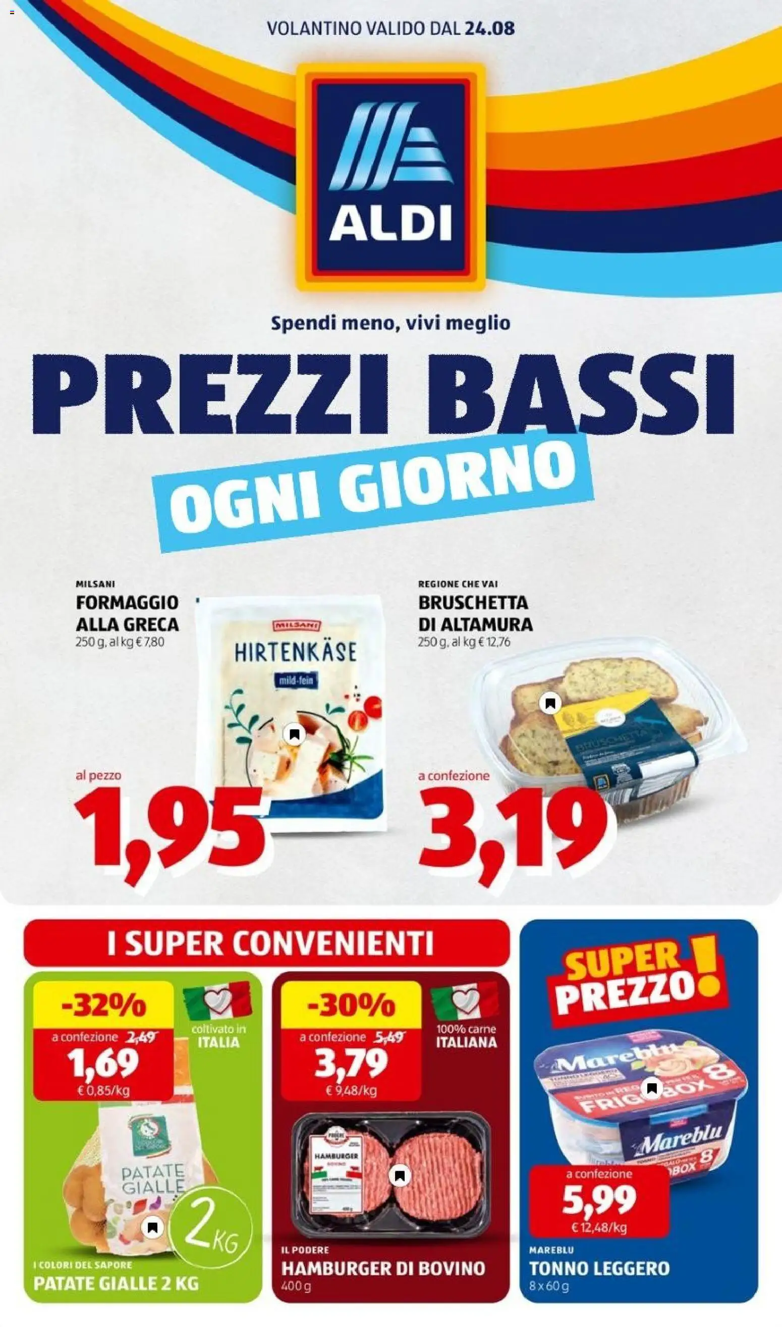 Volantino Aldi del 24/08/2026 | Pagina: 1 | Prodotti: Bovino, Patate, Formaggio, Tonno