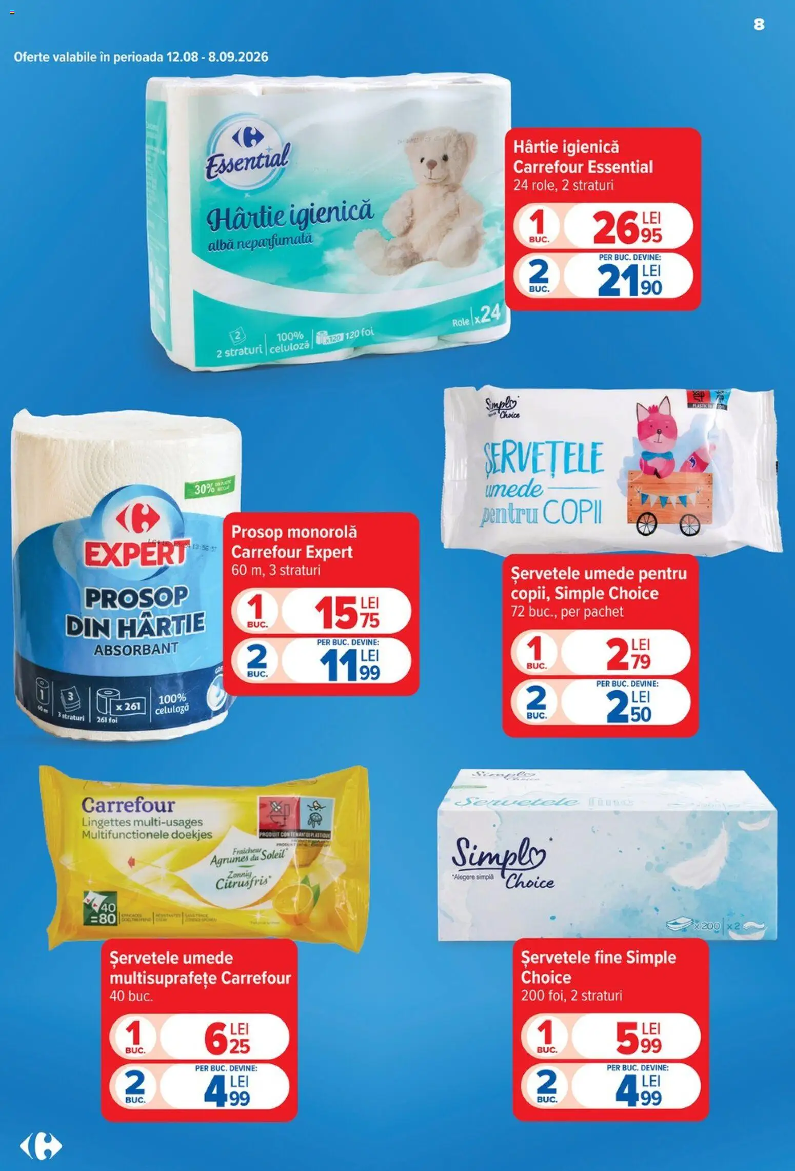 Noul catalog Carrefour – valabil de la 12.08.2026 | Pagină: 8 | Produse: Alba, Prosop monorolă, Role, Șervețele umede
