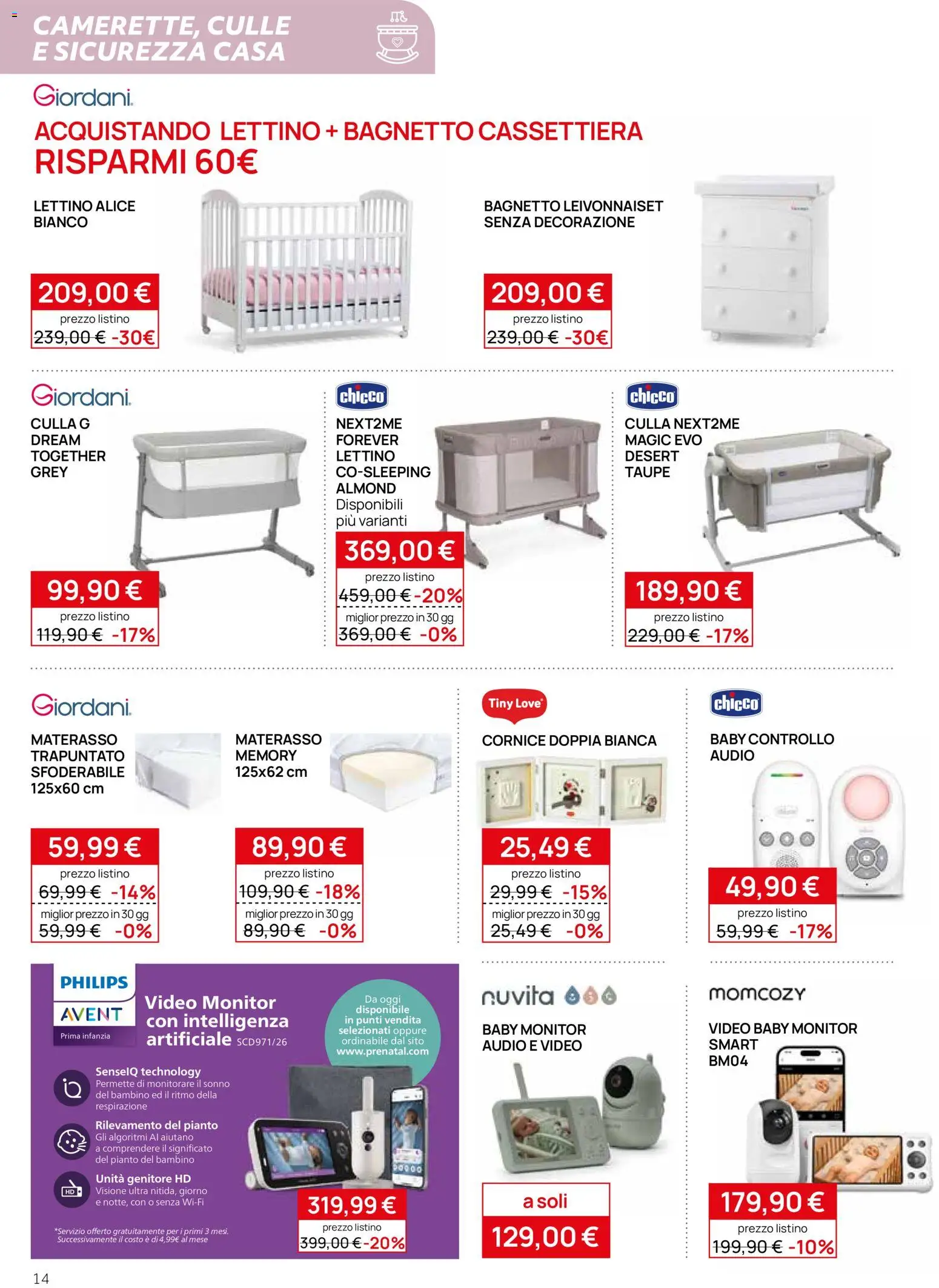 Volantino Prenatal del 17.06.2026 | Pagina: 14 | Prodotti: Lettino, Bagnetto, Materasso, Cassettiera