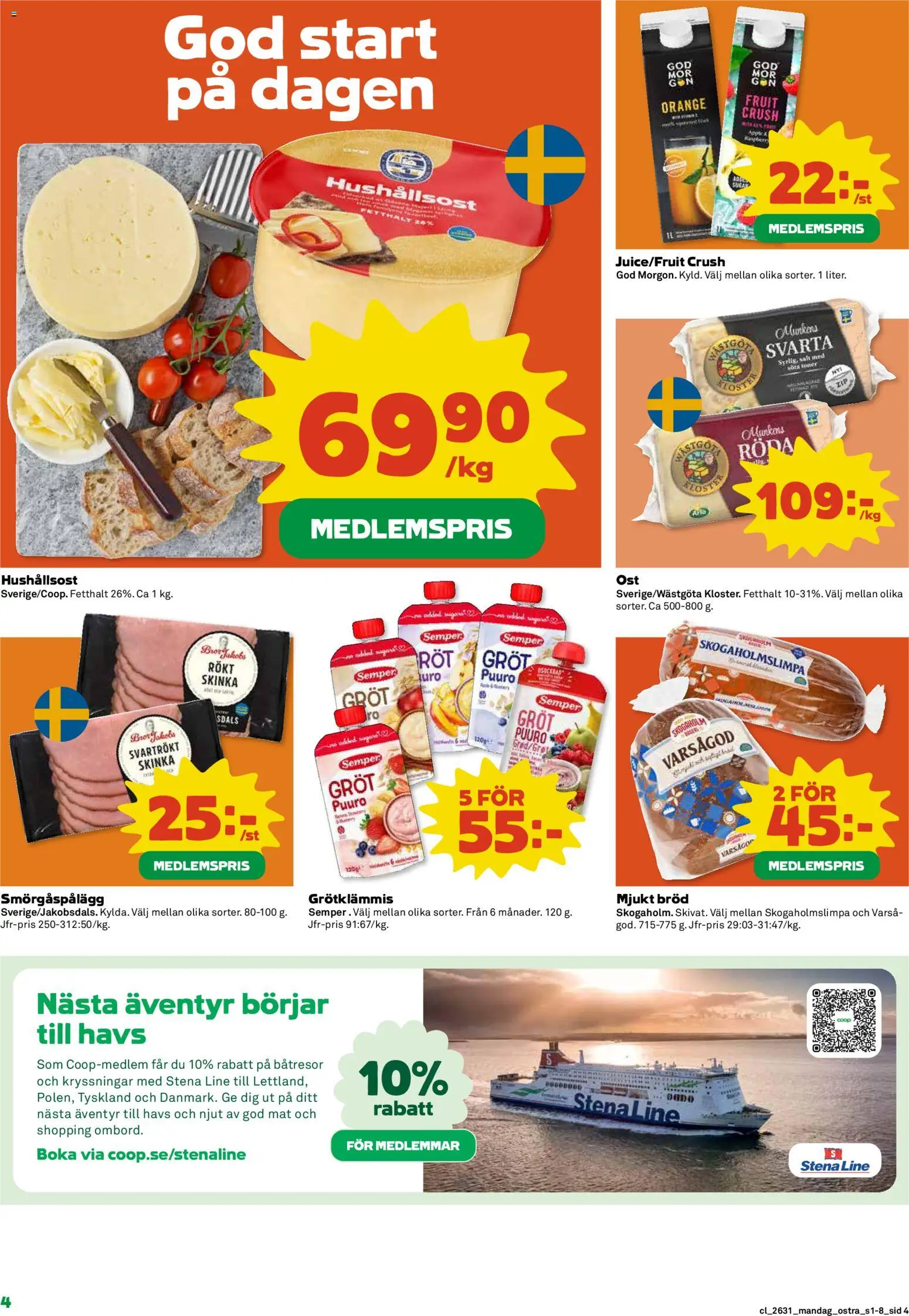 Coop reklamblad aktuell från 27/07/2026 | Sida: 4 | Produkter: Hushållsost, Smörgåspålägg, Bröd, Skinka