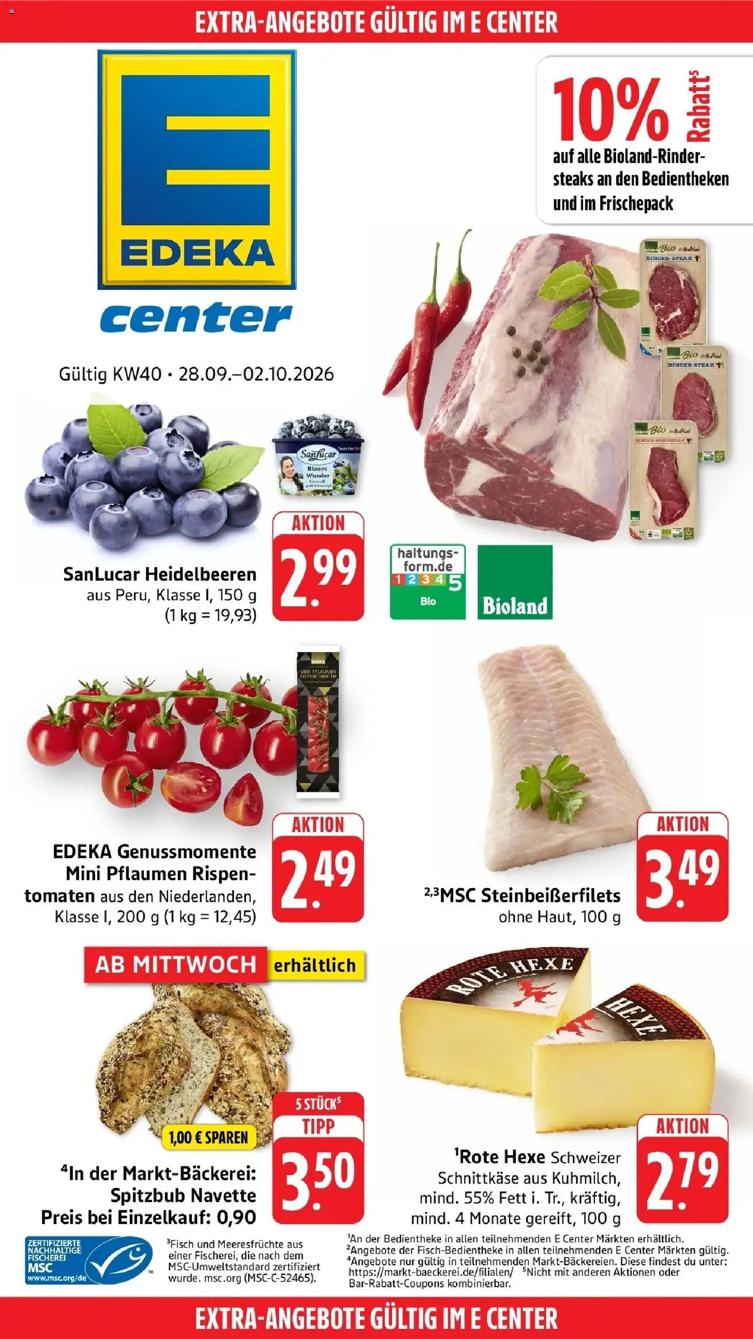 E center Prospekt Biberach (ab 28.09.2026) zum Blättern | Seite: 43 | Produkte: Pflaumen, Tomaten, Heidelbeeren, Meeresfrüchte