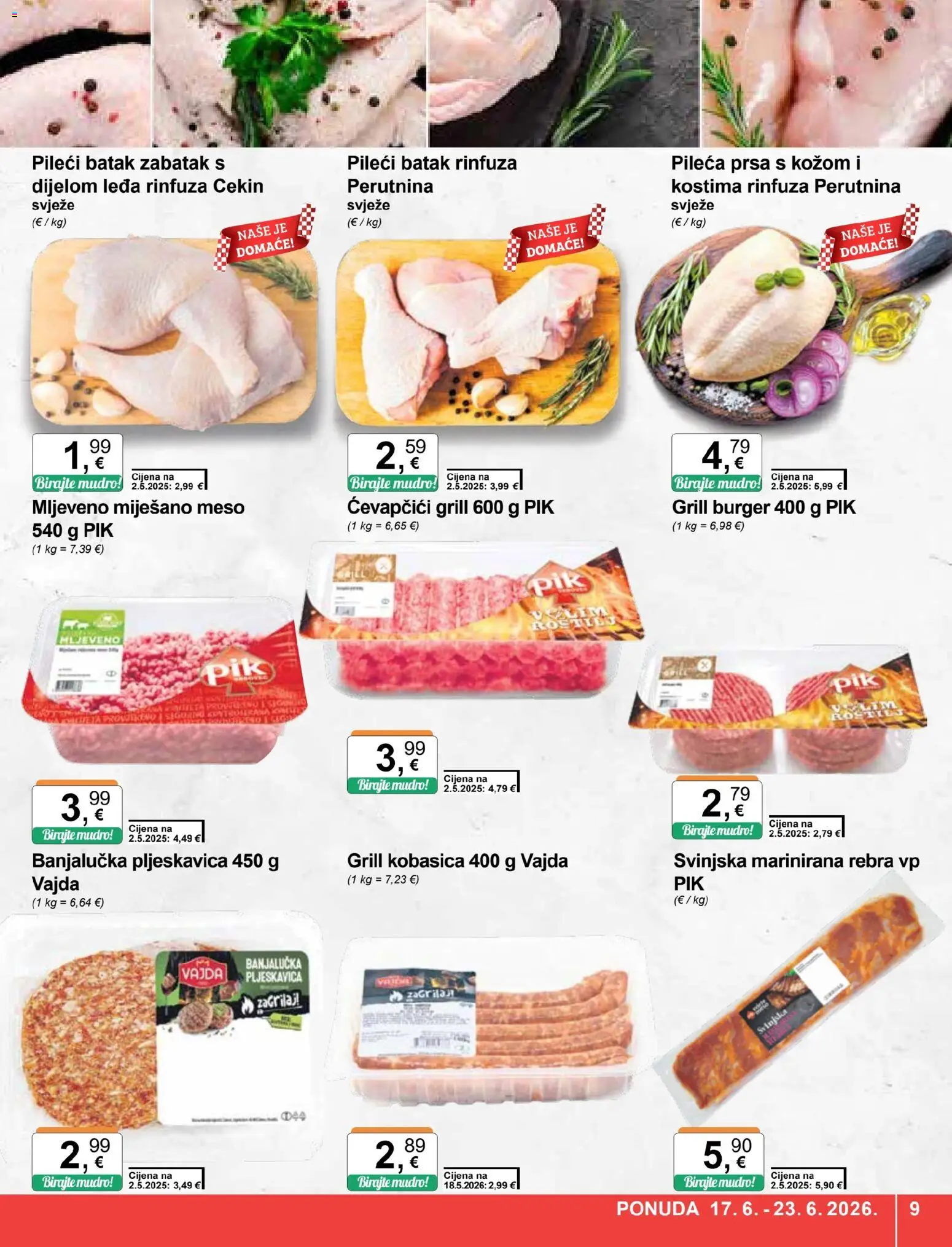 KTC katalog | vrijedi od 17.06.2026 | Stranica: 9 | Proizvodi: Meso, Kobasica, Ćevapčići, Pileća prsa