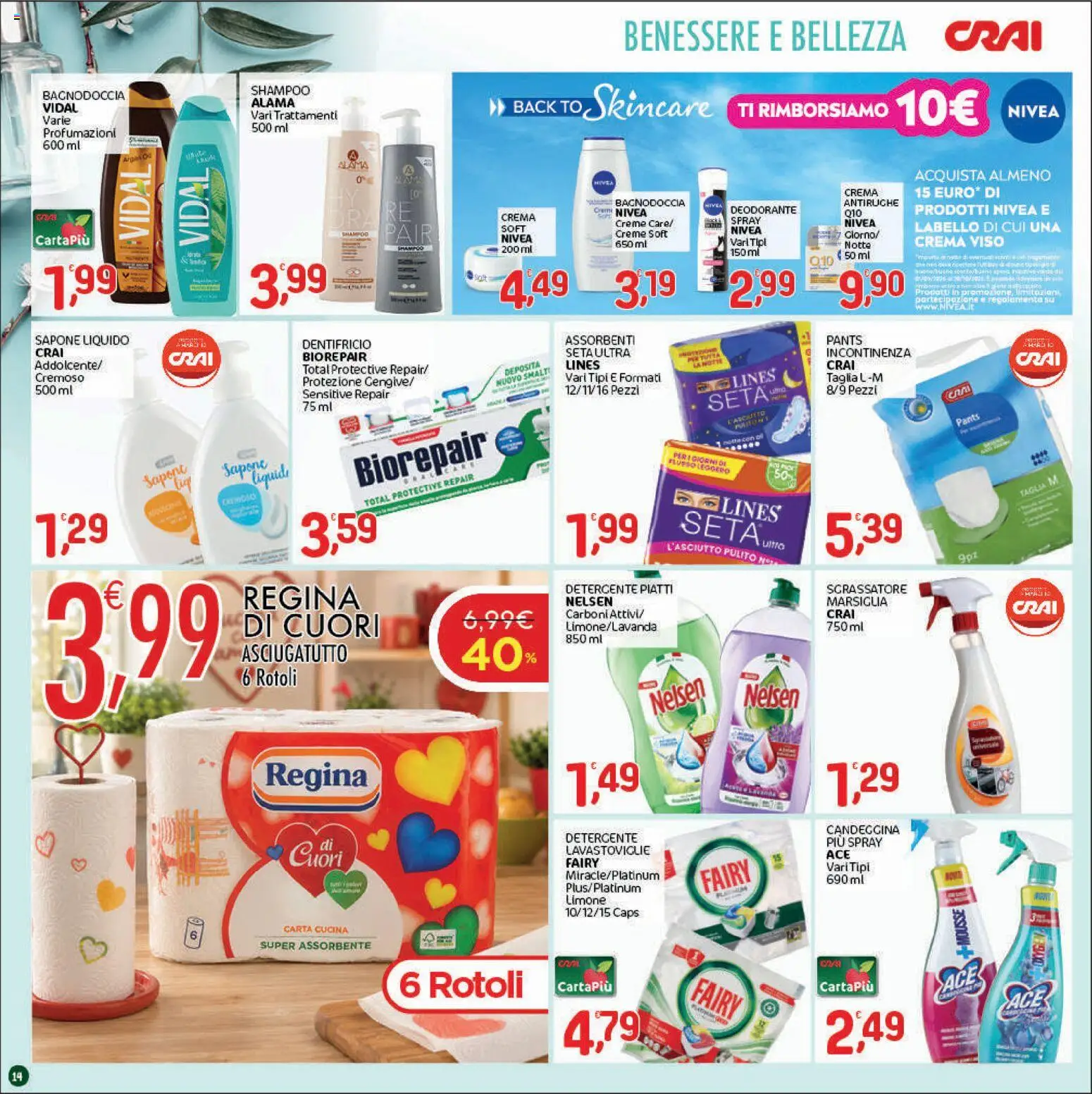 Volantino CRAI del 03/09/2026 | Pagina: 14 | Prodotti: Detergente, Candeggina, Sgrassatore, Assorbenti