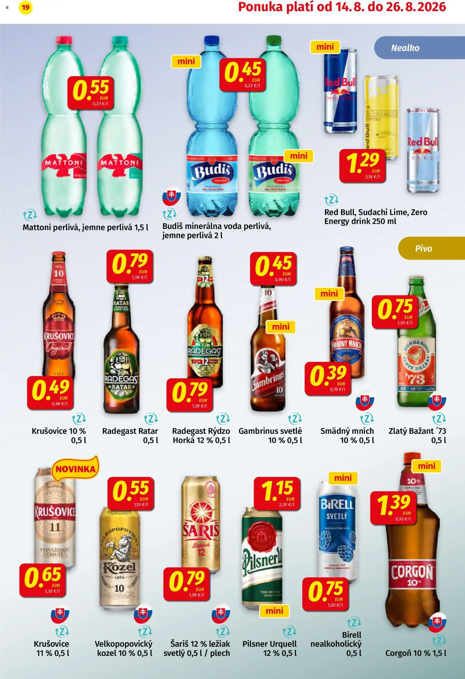 Nové Koruna akcie – leták je platný od 14.08.2026 | Strana: 19 | Produkty: Pivo, Birell, Krušovice, Zlatý Bažant