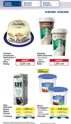 Metro Prospekt ab 31.08.2026 gültig | Seite: 15 | Produkte: Butter, Starbucks, Milram, Oatly