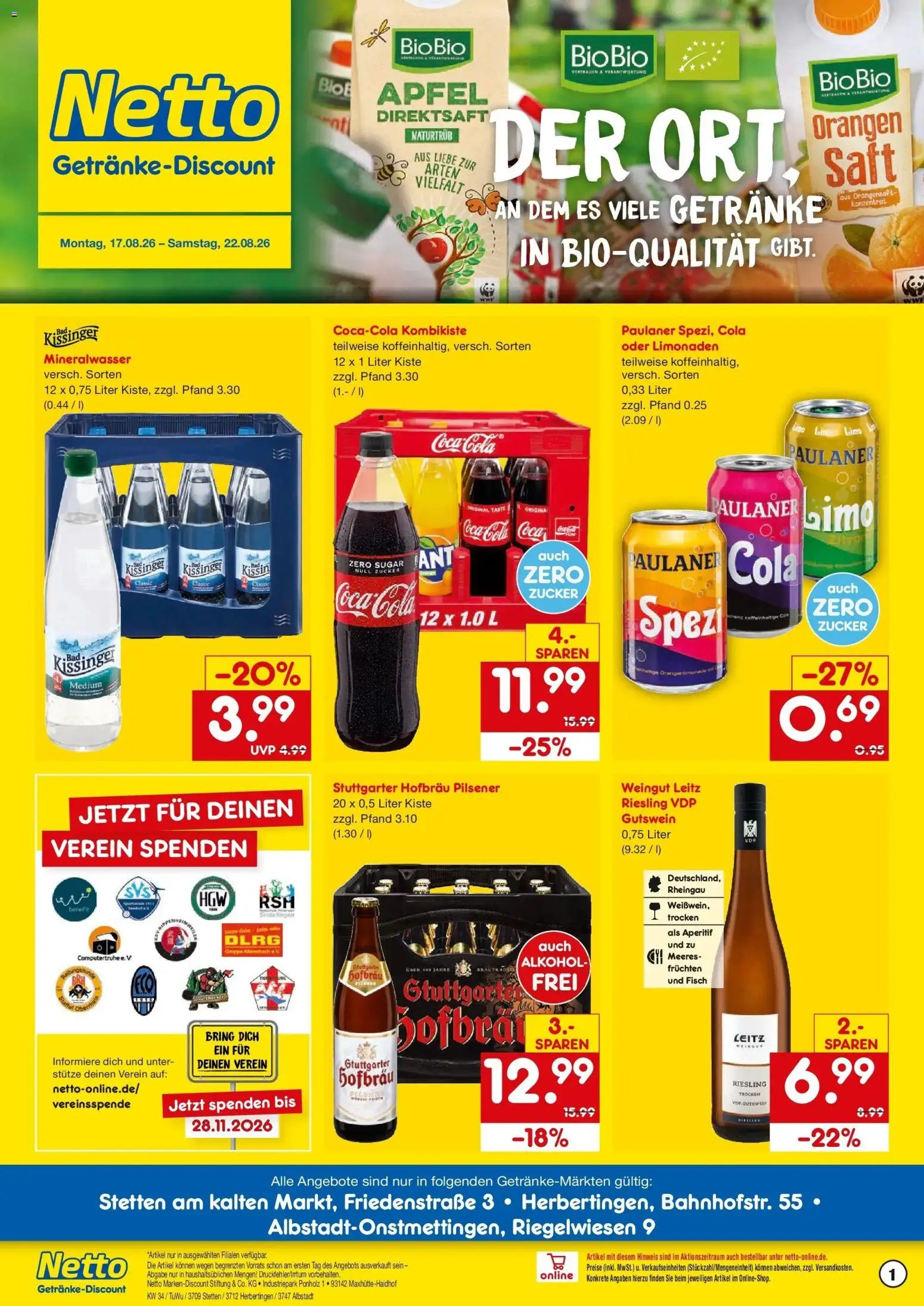 Netto Marken-Discount Prospekt Stetten Am Kalten Markt – gültig ab 17.08.2026 | Seite: 1 | Produkte: Cola, Orangen, Fisch, Saft