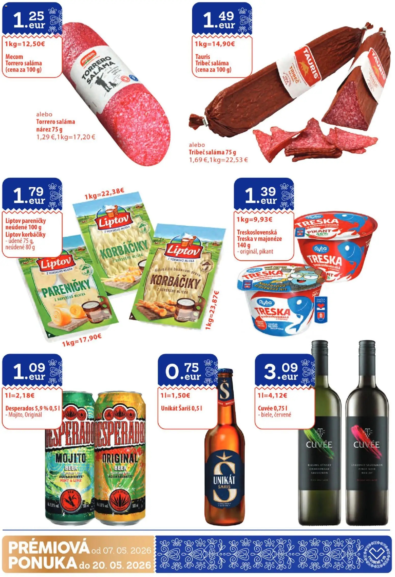 Nové Sintra akcie – leták je platný od 07.05.2026 | Strana: 30 | Produkty: Saláma, Desperados, Šariš, Ryba