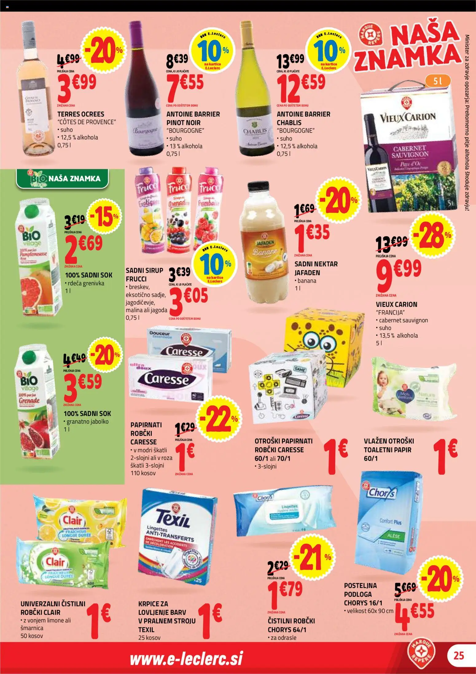 Novi E.leclerc katalog ponudbe – veljaven od 12.08.2026 | Stran: 25 | Izdelki: Robčki, Sok, Banane, Grenivka