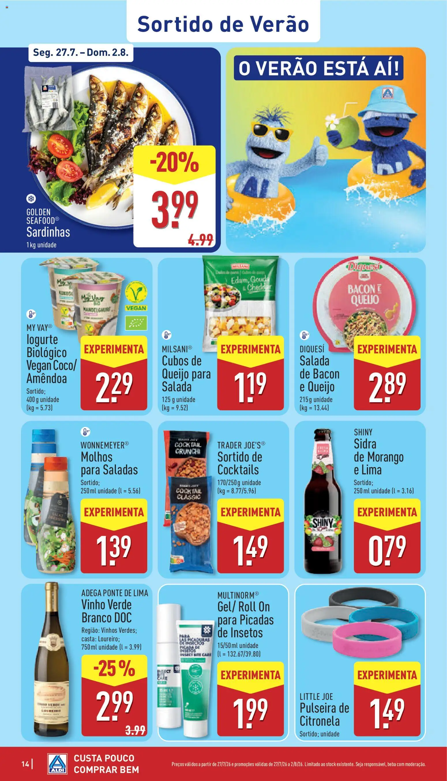 Aldi folheto │ válido de 27/07/2026 | Página: 14 | Produtos: Bacon, Sardinhas, Vinho, Salada