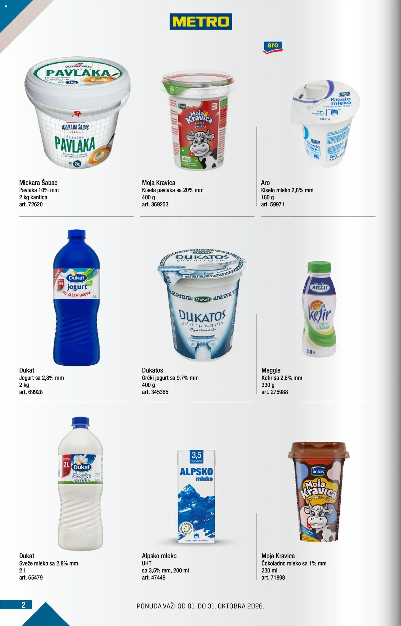 Metro katalog - važi od 01.10.2026 | Strana: 2 | Proizvode: Čokoladno mleko, Kiselo mleko, Grčki jogurt, Jogurt