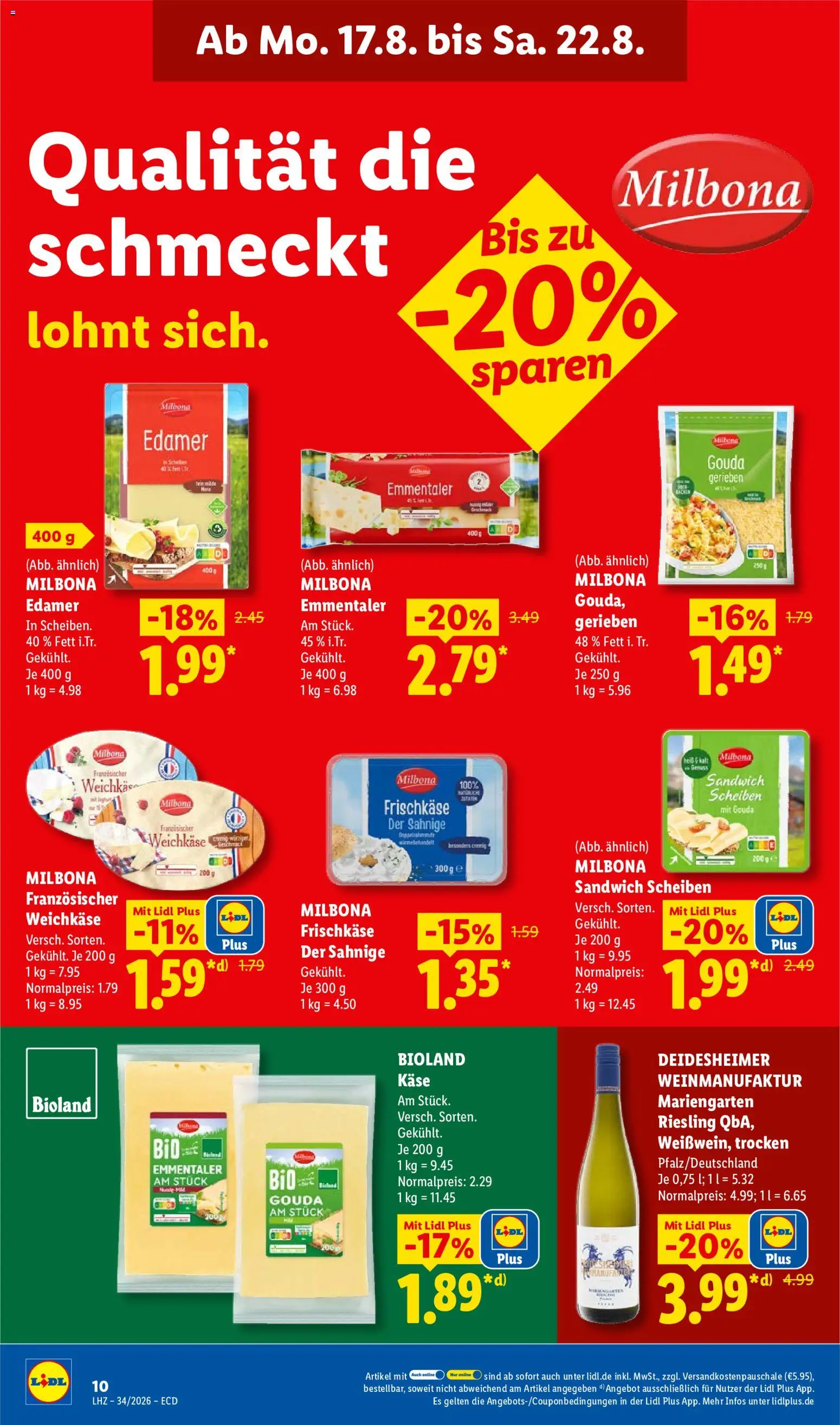 Lidl Německo leták od 17.08.2026 | Strana: 20 | Produkty: Gouda, Milbona, Riesling, Kaše