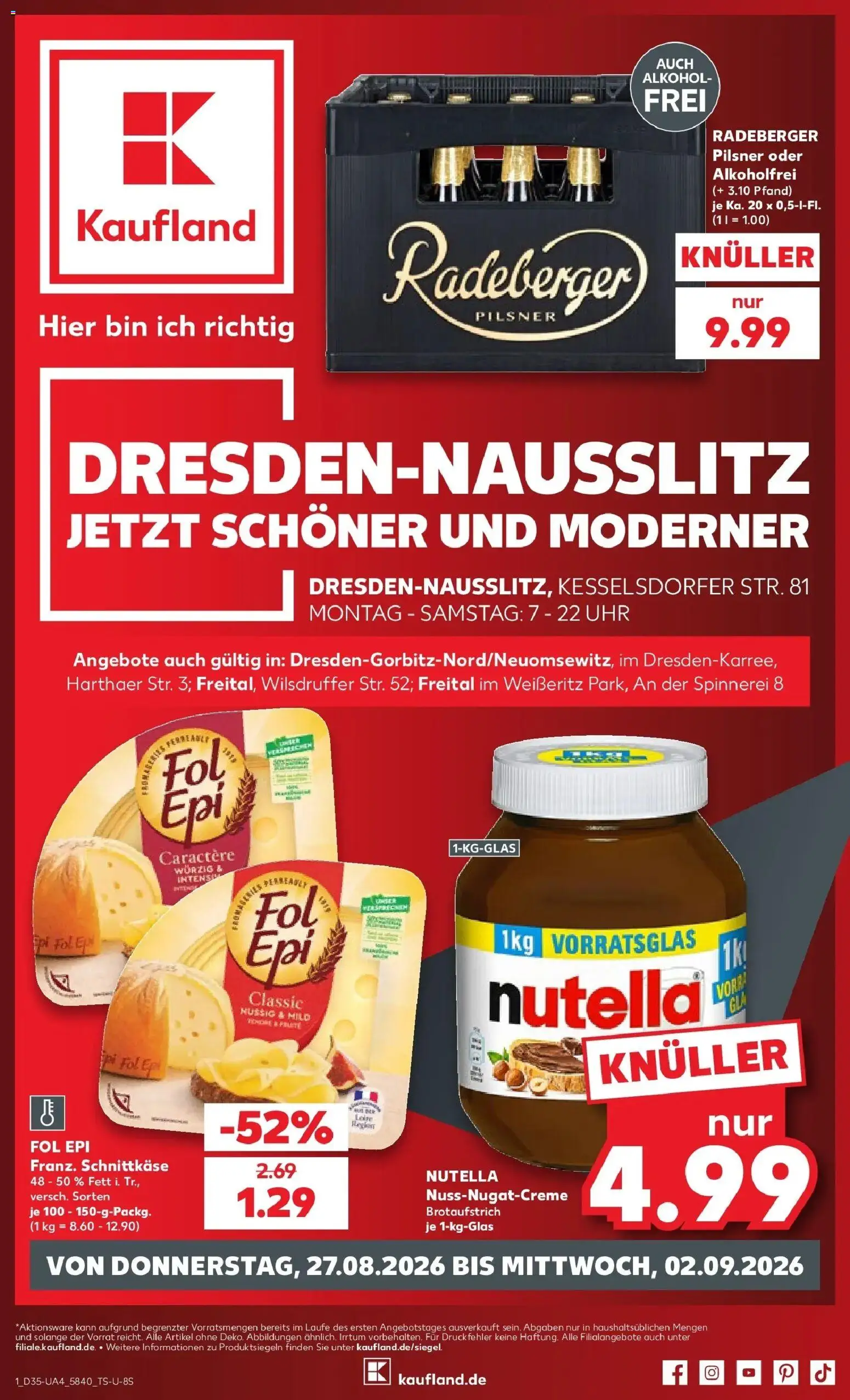 Prospekt Kaufland ab 27.08.2026 » Angebote Online zum Blättern | Seite: 1 | Produkte: Nutella, Alkohol, Radeberger pilsner, Uhr