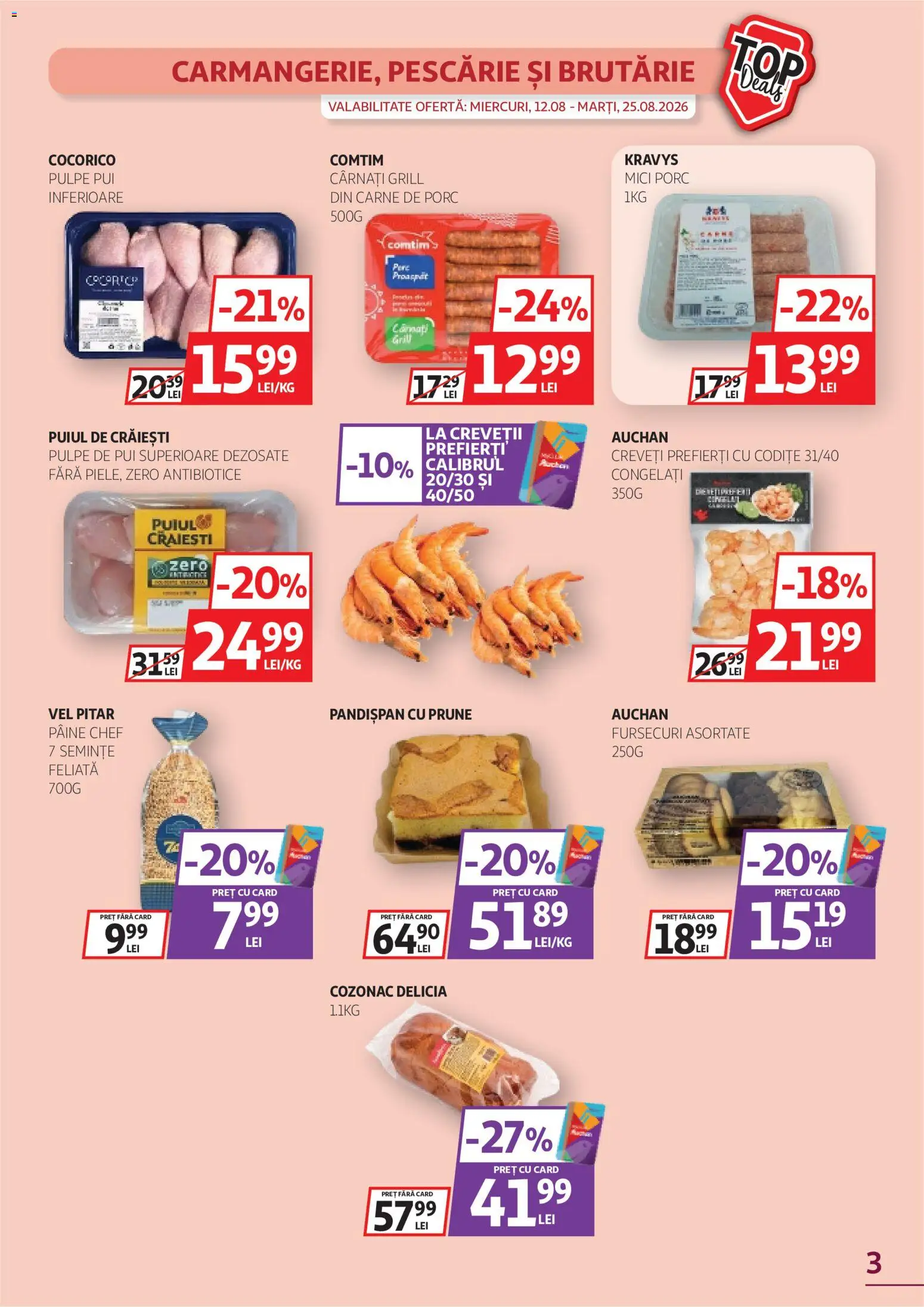 Noul catalog Auchan – valabil de la 12.08.2026 | Pagină: 3 | Produse: Pui, Prune, Pere, Cârnați