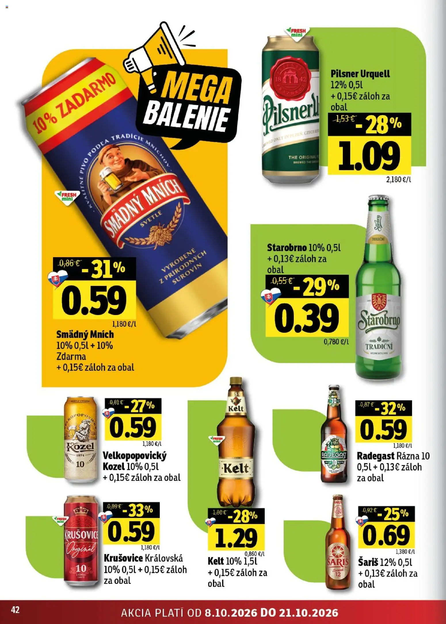 Nové Fresh akcie – leták je platný od 08.10.2026 | Strana: 42 | Produkty: Pilsner Urquell, Radegast, Šariš, Smädný Mních