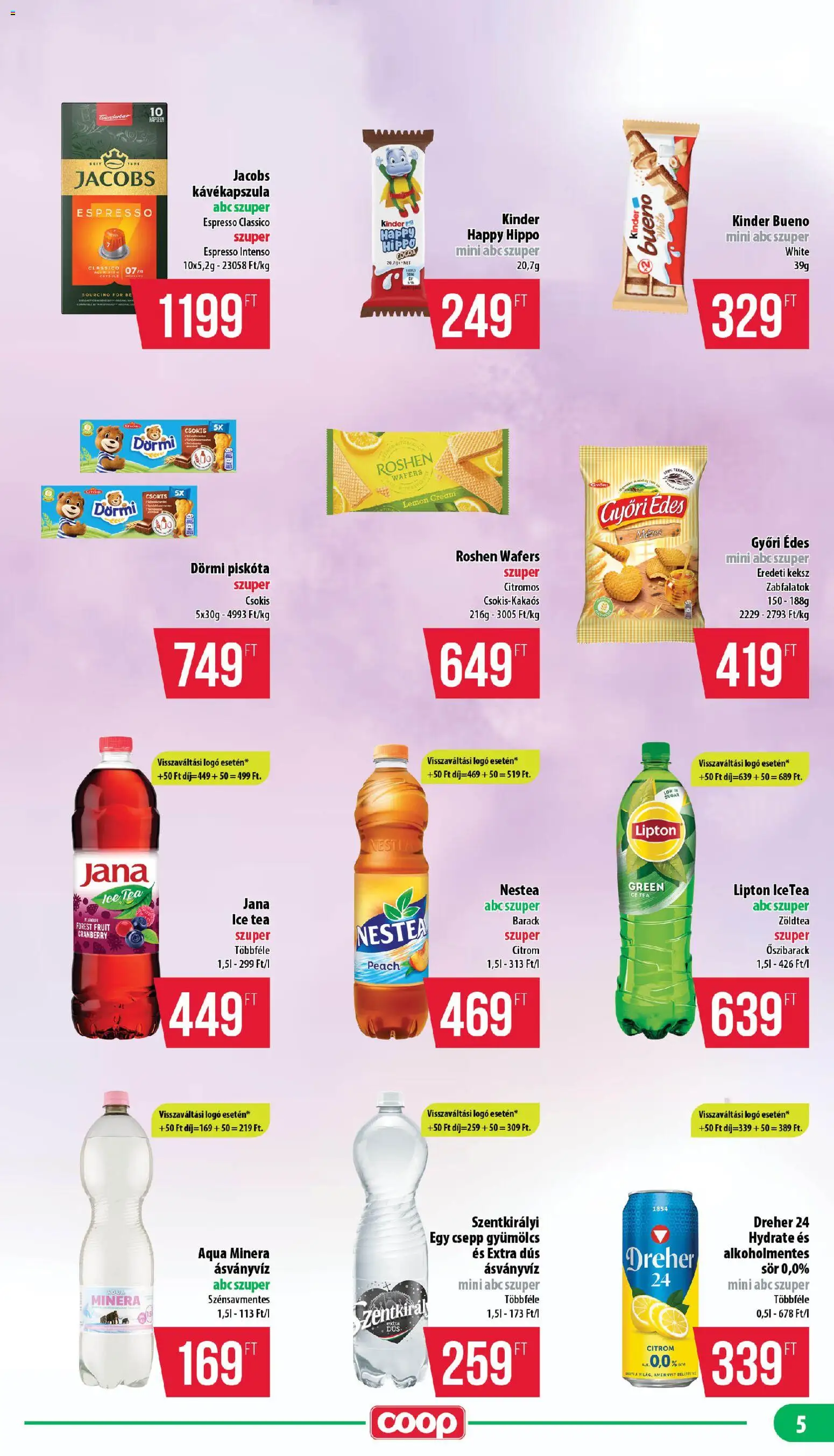COOP akciós ujság - amely érvényes a következő dátumtól: 2026.08.21. | Oldal: 5 | Termékek: Kinder Bueno, Piskóta, Kávékapszula, Tea