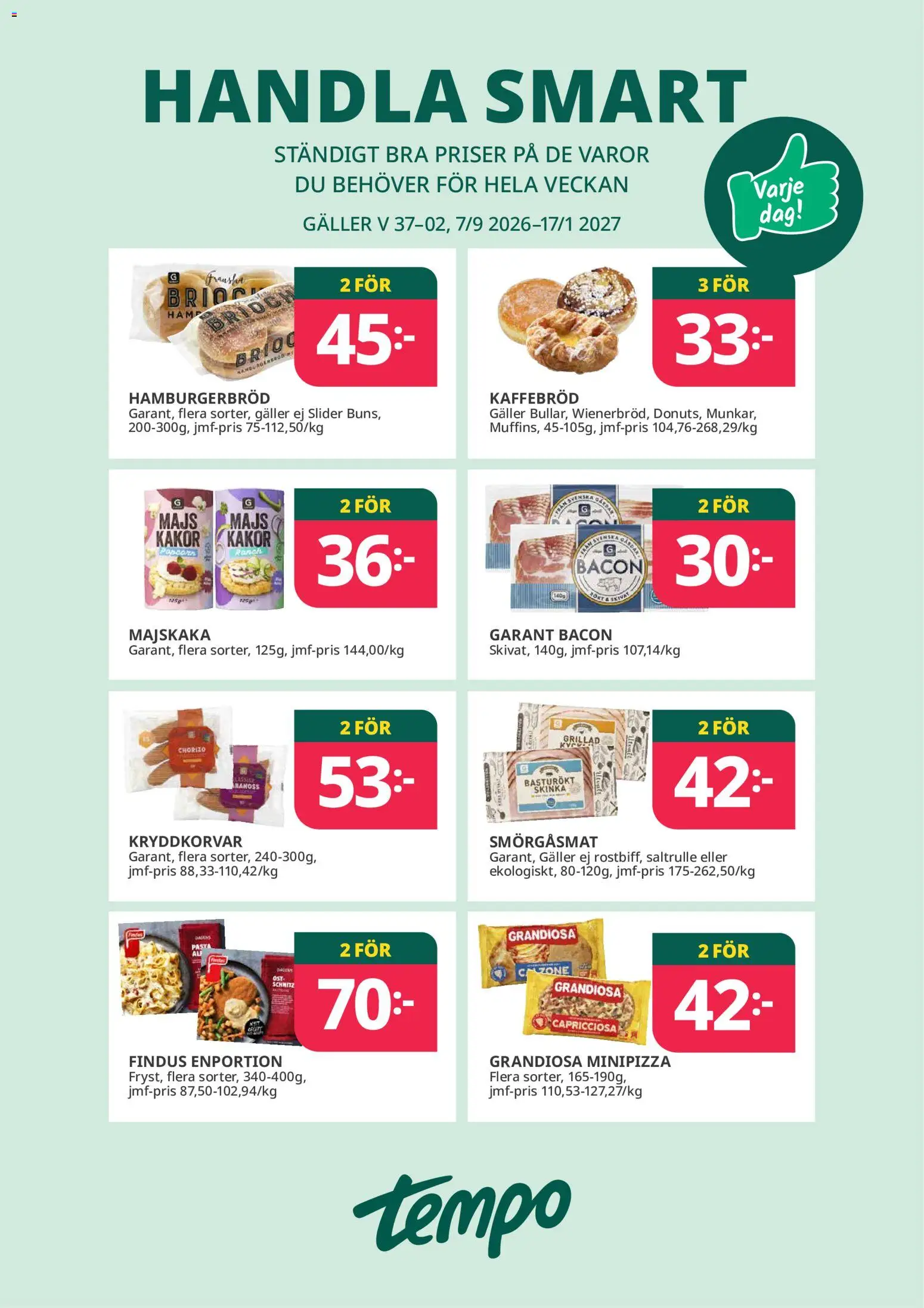 Tempo reklamblad aktuell från 07/09/2026 | Sida: 1 | Produkter: Galler, Hamburgerbröd, Chorizo, Pasta