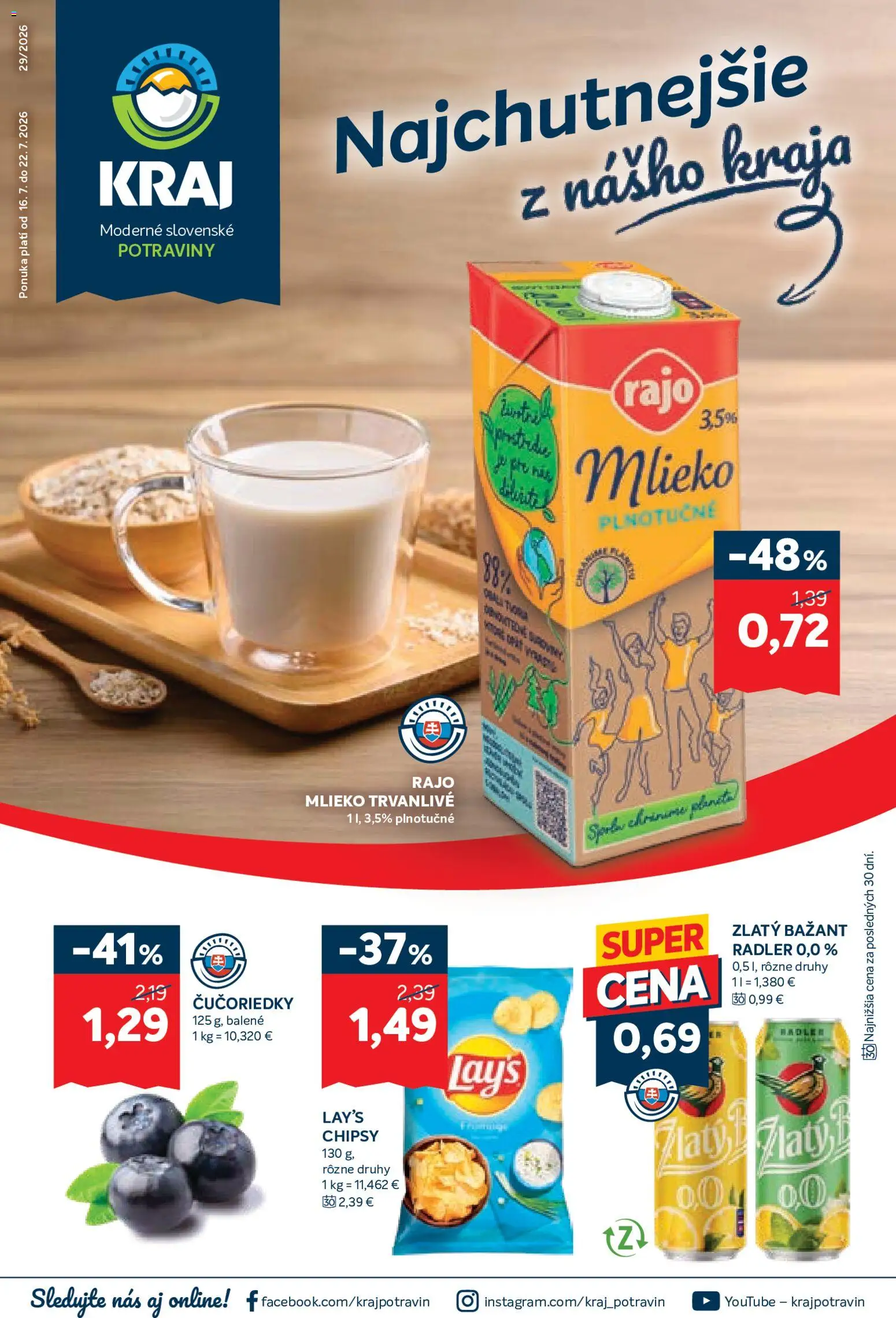 Nové Kraj akcie – leták je platný od 16.07.2026 | Strana: 1 | Produkty: Mlieko, Zlatý Bažant, Čučoriedky, Chipsy