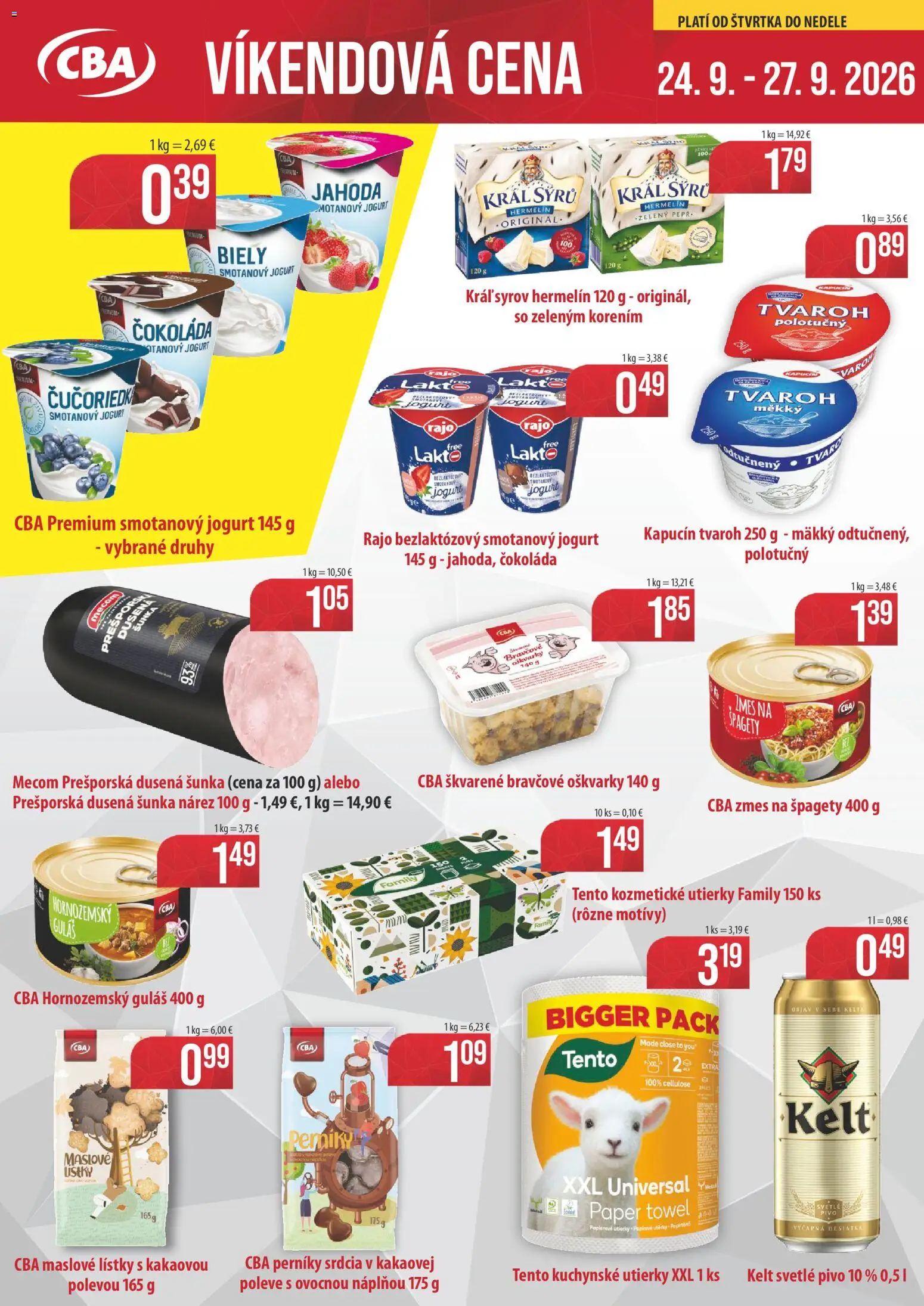 Nové CBA Verex akcie – leták je platný od 24.09.2026 | Strana: 1 | Produkty: Jogurt, Čokoláda, Kuchynské utierky, Smotanový jogurt