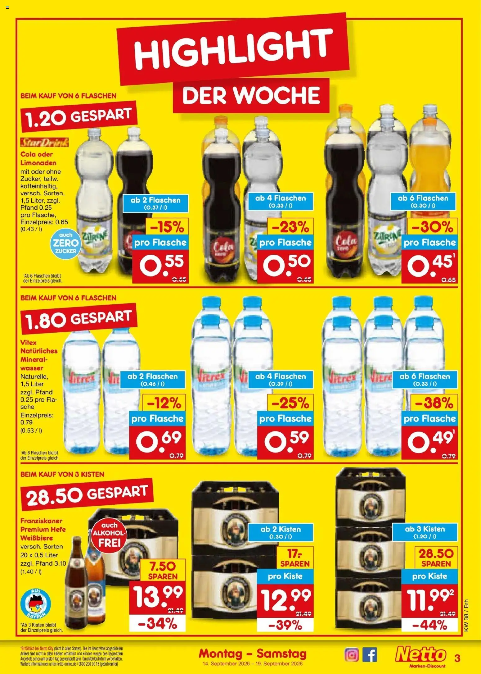 Netto Marken-Discount Prospekt Velden – gültig ab 14.09.2026 | Seite: 3 | Produkte: Franziskaner, Cola, Zucker, Zitrone