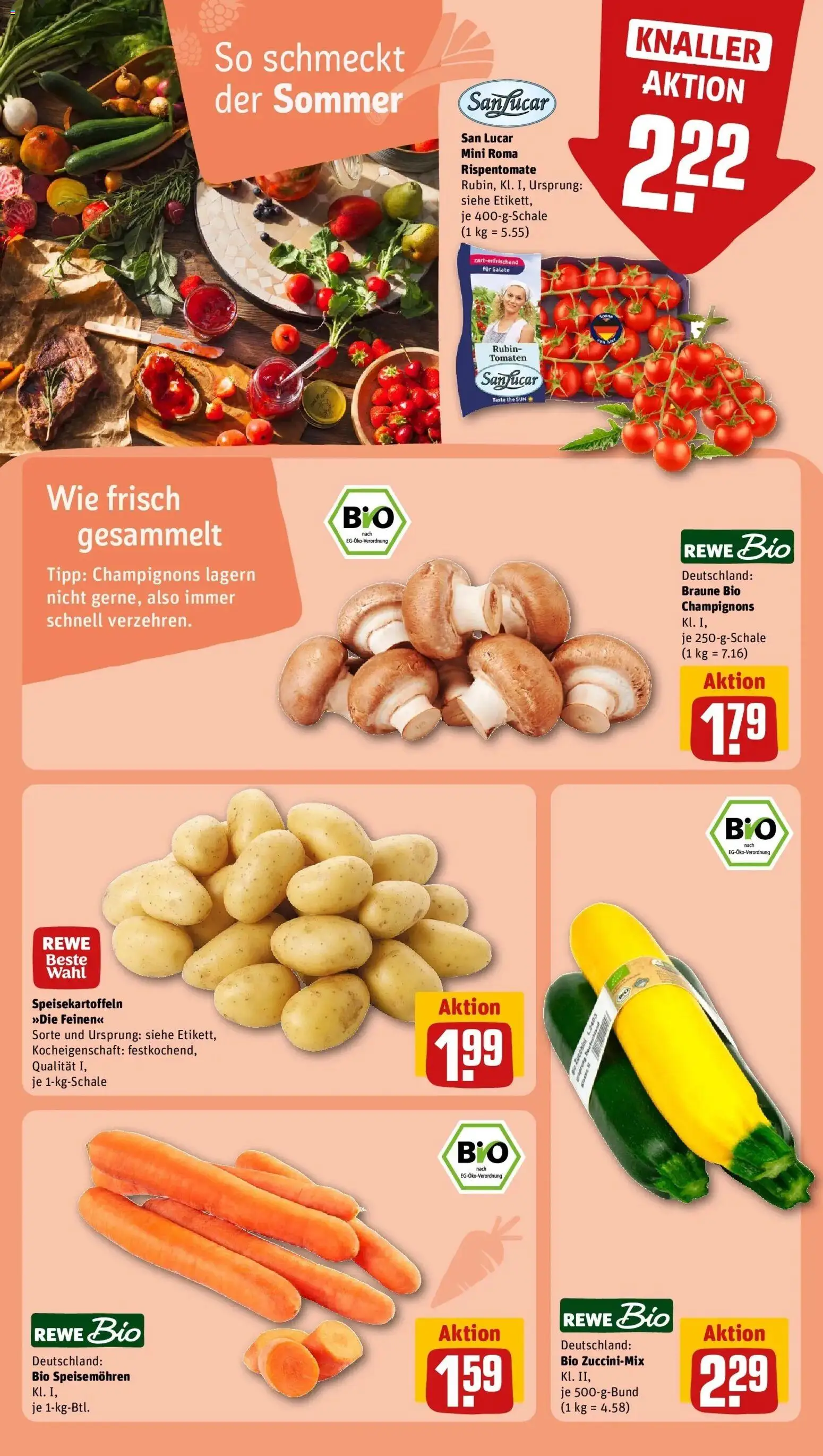 REWE Prospekt ab 10.08.2026 zum Blättern » Angebote | Seite: 23 | Produkte: Tomaten, Champignons