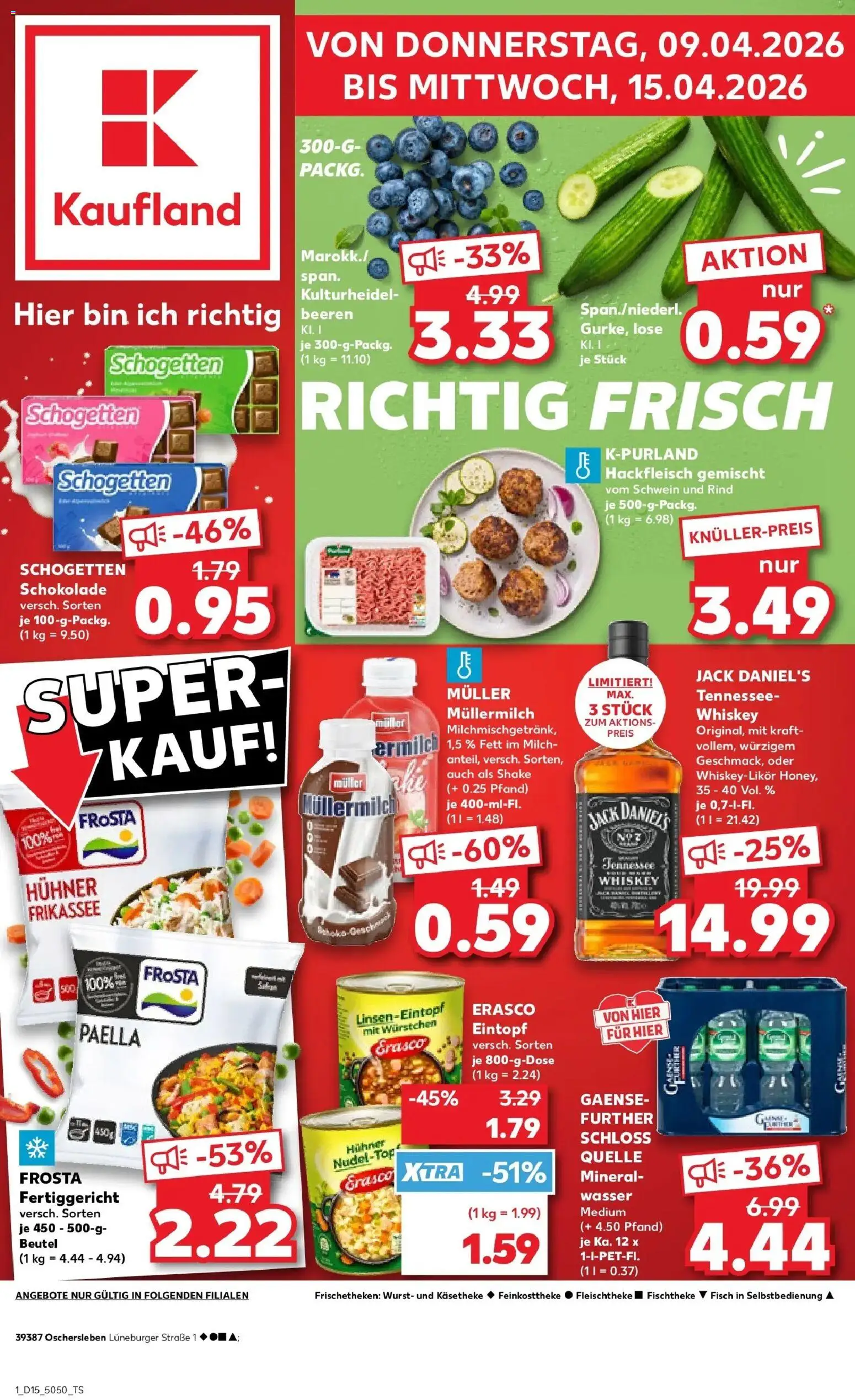 Kaufland Prospekt Oschersleben (Bode)	 – gültig ab 08.04.2026 | Seite: 1 | Produkte: Milch, Jack Daniel's, Wasser, Muller mullermilch