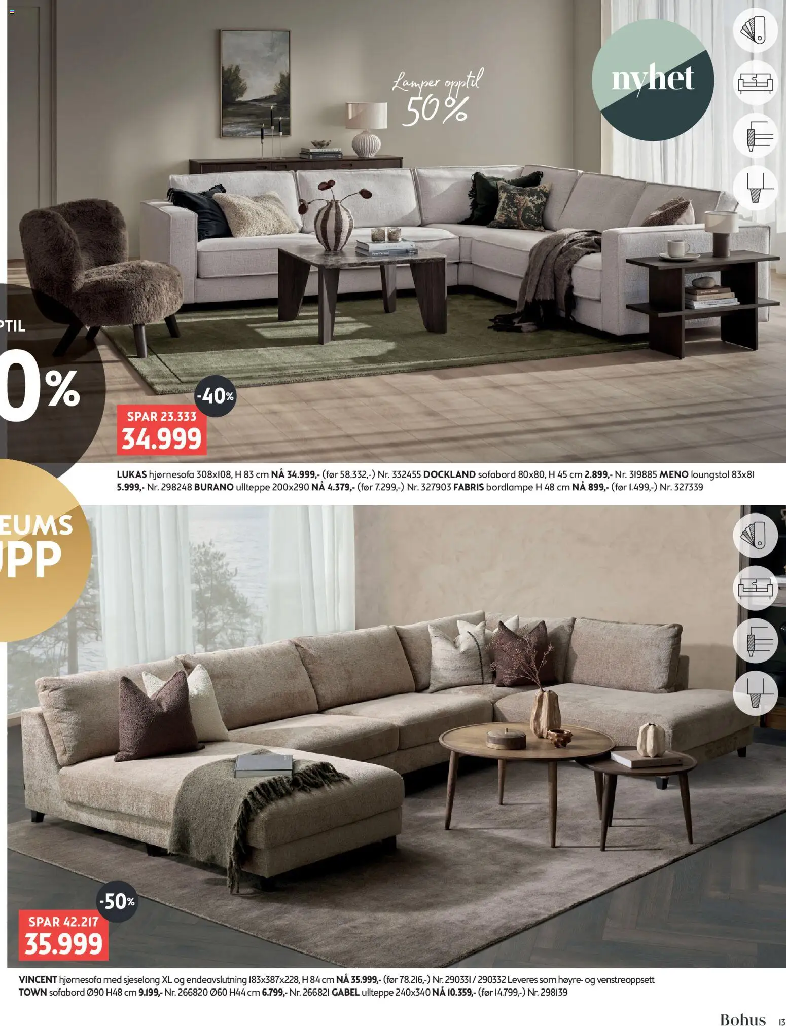 {H1} | Side: 13 | Produkter: Hjørnesofa, Bordlampe, Sjeselong