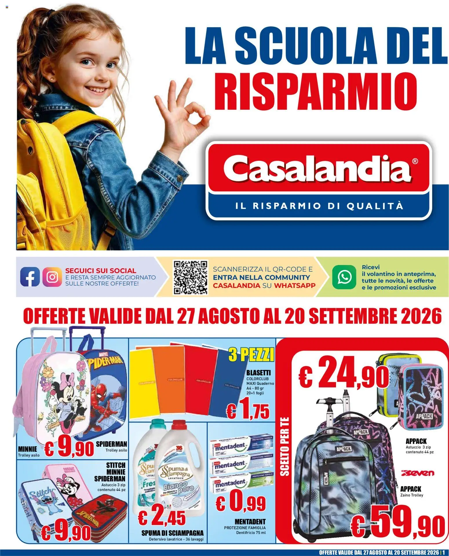 Volantino Casalandia del 27/08/2026 | Pagina: 1 | Prodotti: Dentifricio, Lavatrice, Quaderno, Trolley