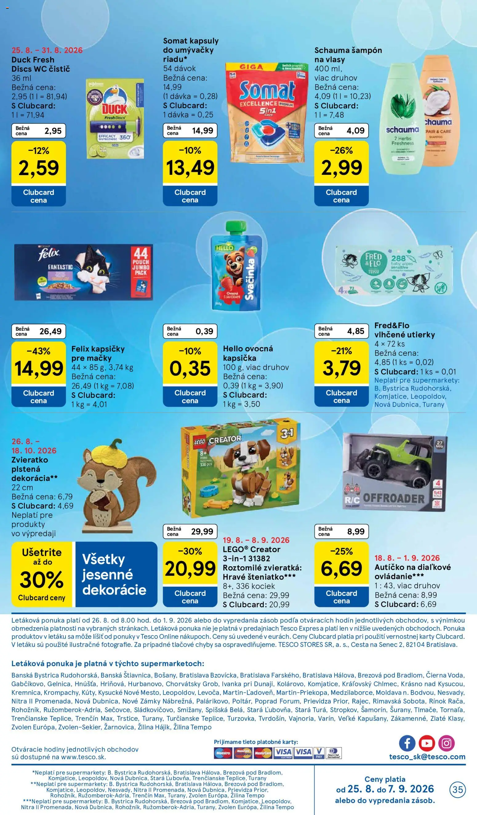 Nové Tesco akcie – leták je platný od 26.08.2026 | Strana: 35 | Produkty: Hodiny, Felix, Wc, Kapsičky pre mačky