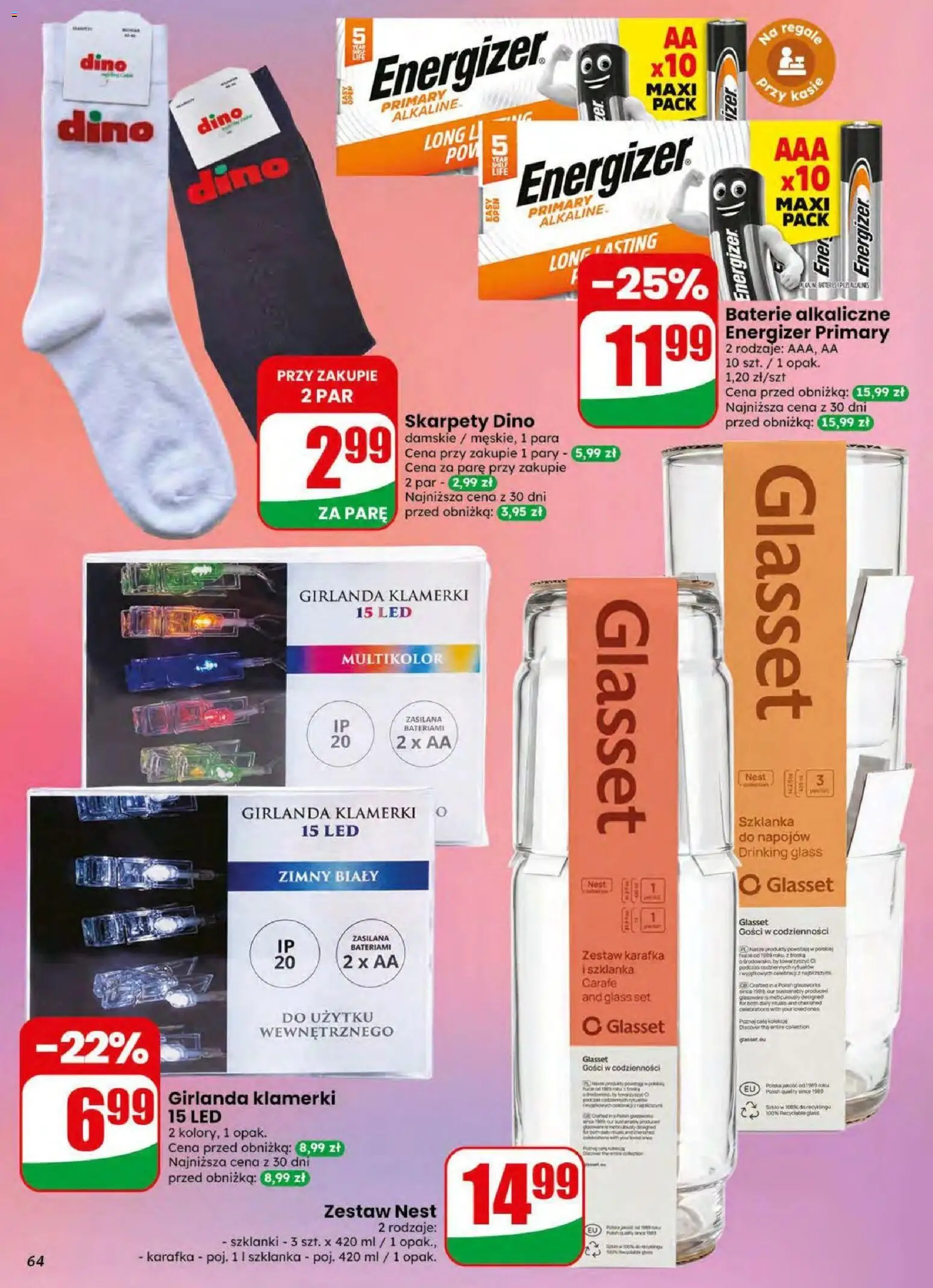 Dino gazetka od 19.08.2026 | Strona: 64 | Produkty: Szklanka, Skarpety, Baterie, Szklanki