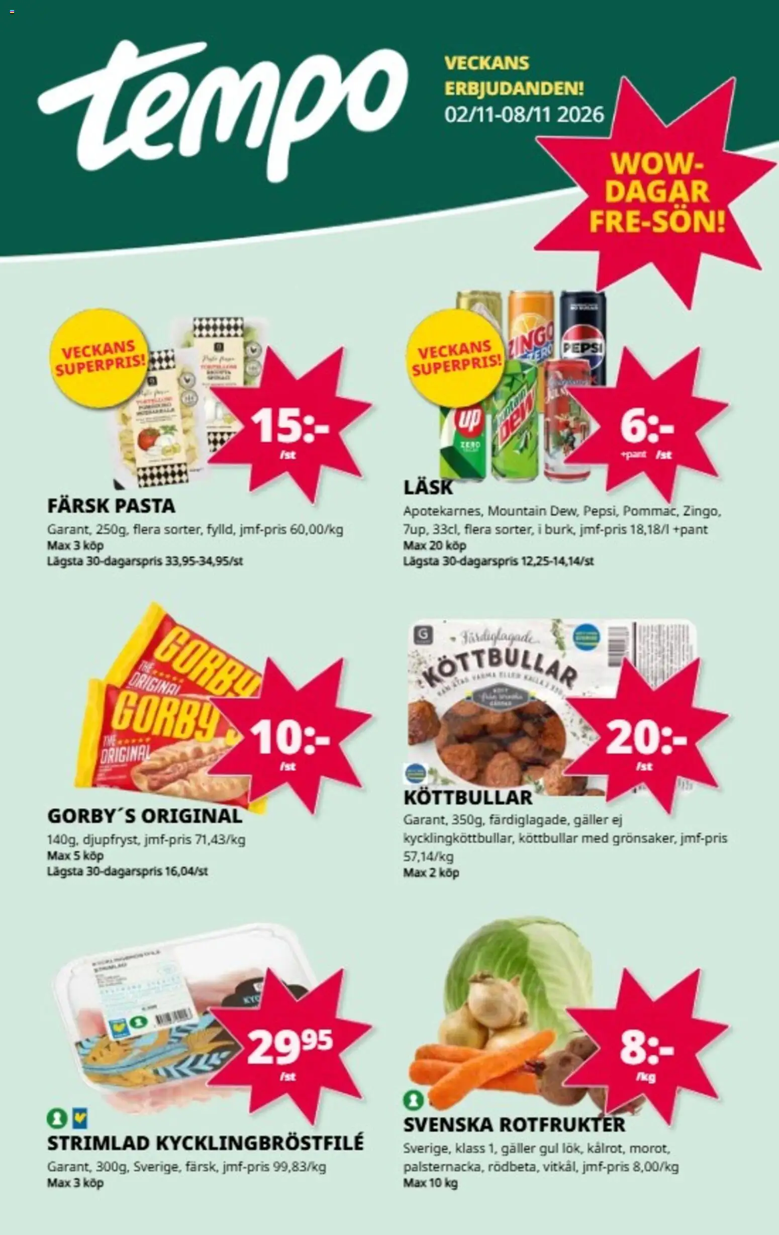 Tempo reklamblad aktuell från 02/11/2026 | Sida: 1 | Produkter: Zingo, Köttbullar, Pepsi, Pasta