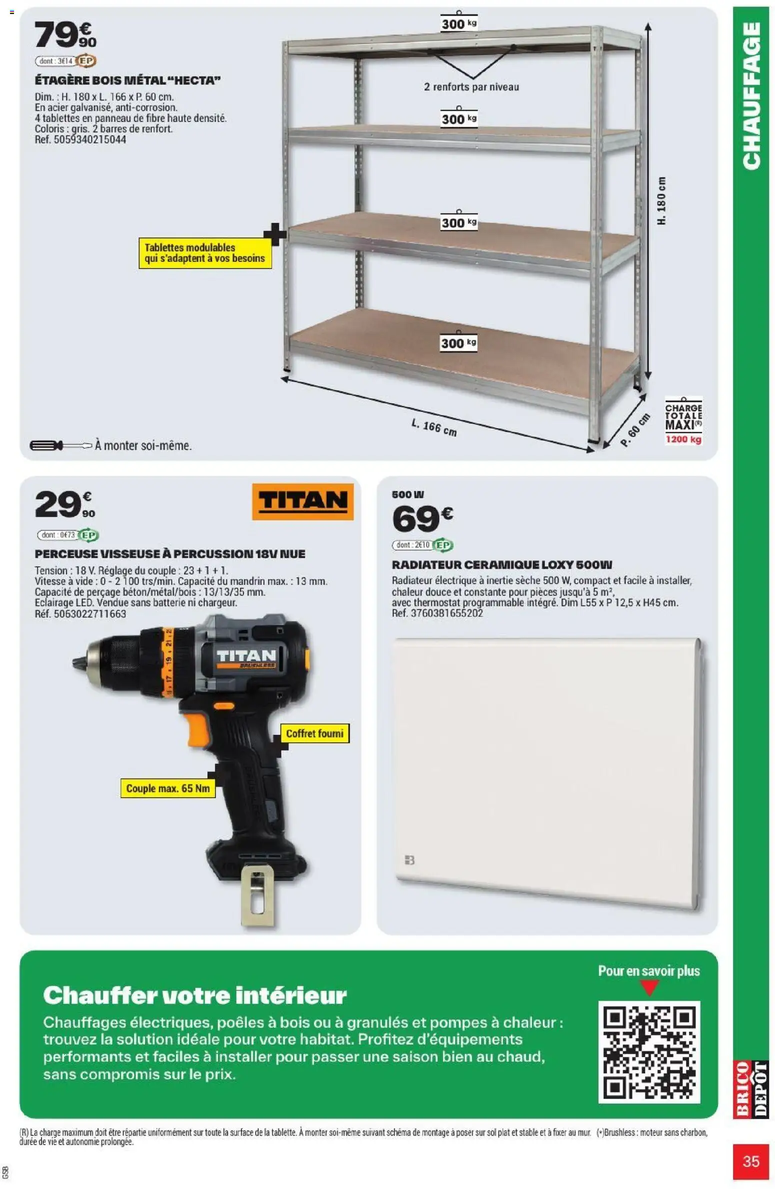 {H1} | Page: 35 | Produits: Perceuse Visseuse, Étagère, Radiateur, Batterie