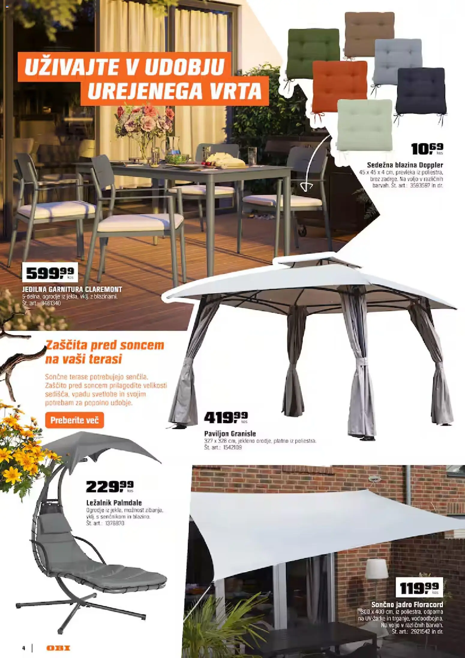 Novi OBI katalog ponudbe – veljaven od 01.04.2026 | Stran: 4 | Izdelki: Ležalnik, Paviljon, Blazina, Zaščita pred soncem