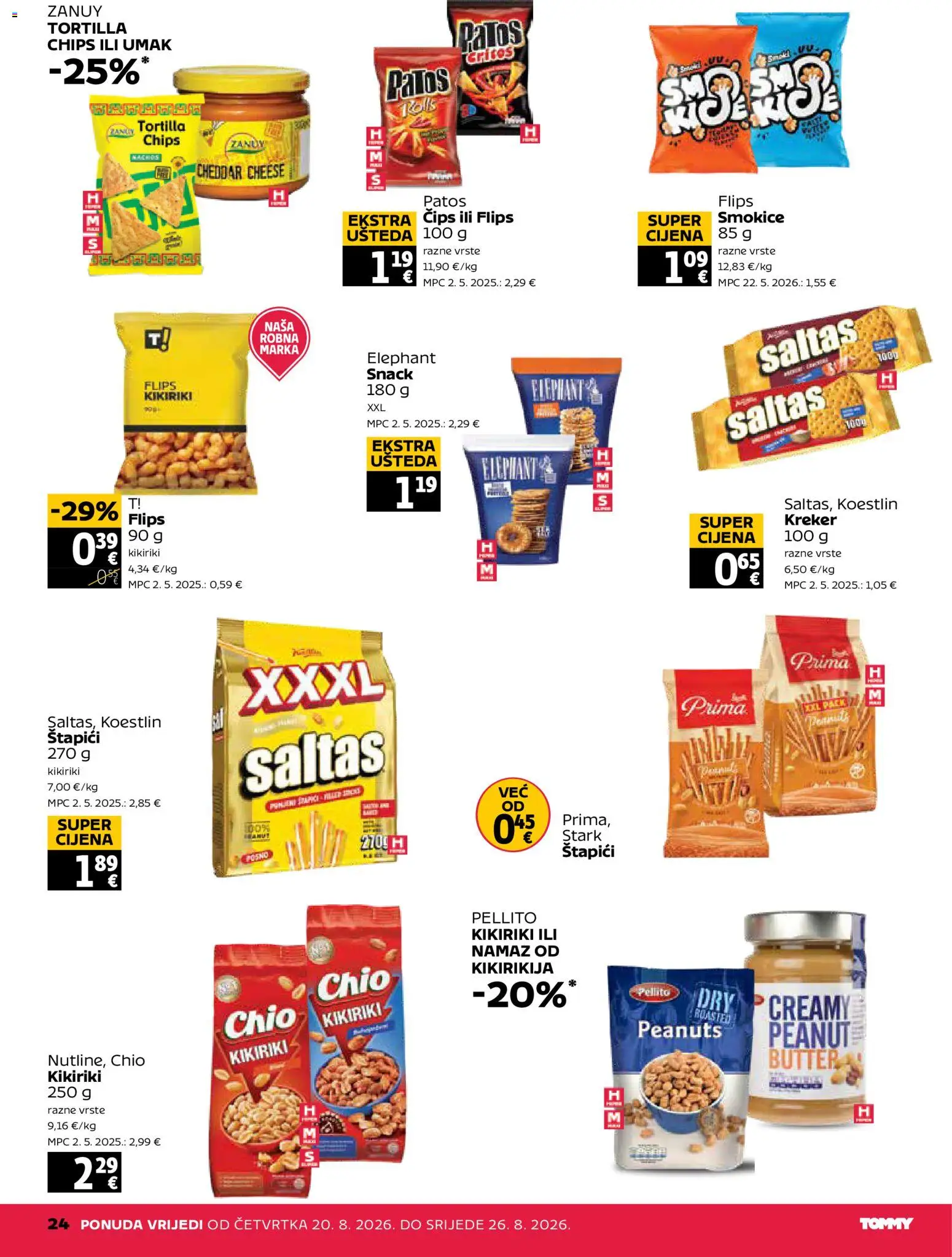 Tommy katalog | vrijedi od 20.08.2026 | Stranica: 24 | Proizvodi: Tortilla chips, Čips, Kikiriki, Namaz