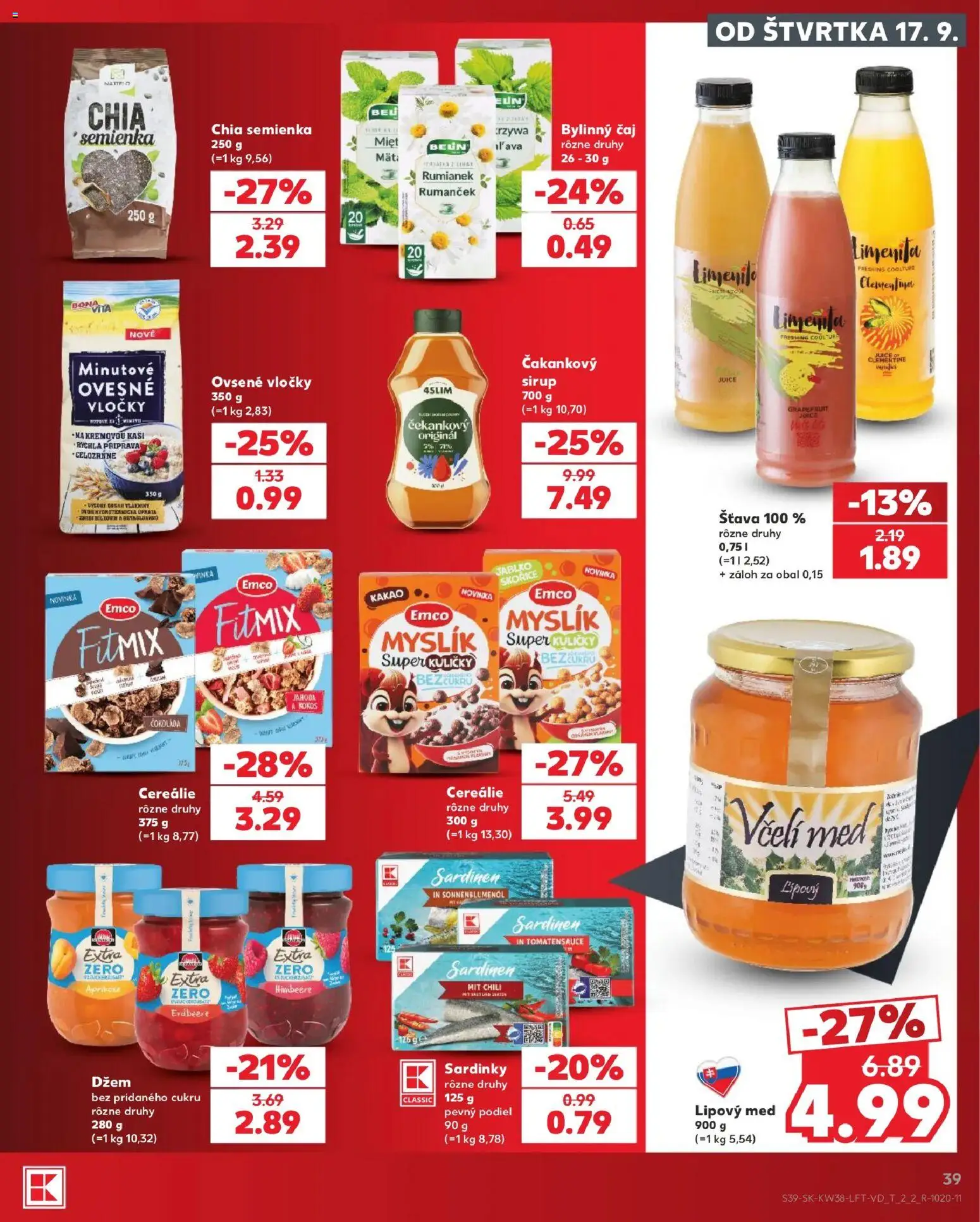 Nové Kaufland akcie – leták je platný od 17.09.2026 | Strana: 39 | Produkty: Džem, Sardinky, Cereálie, Kakao