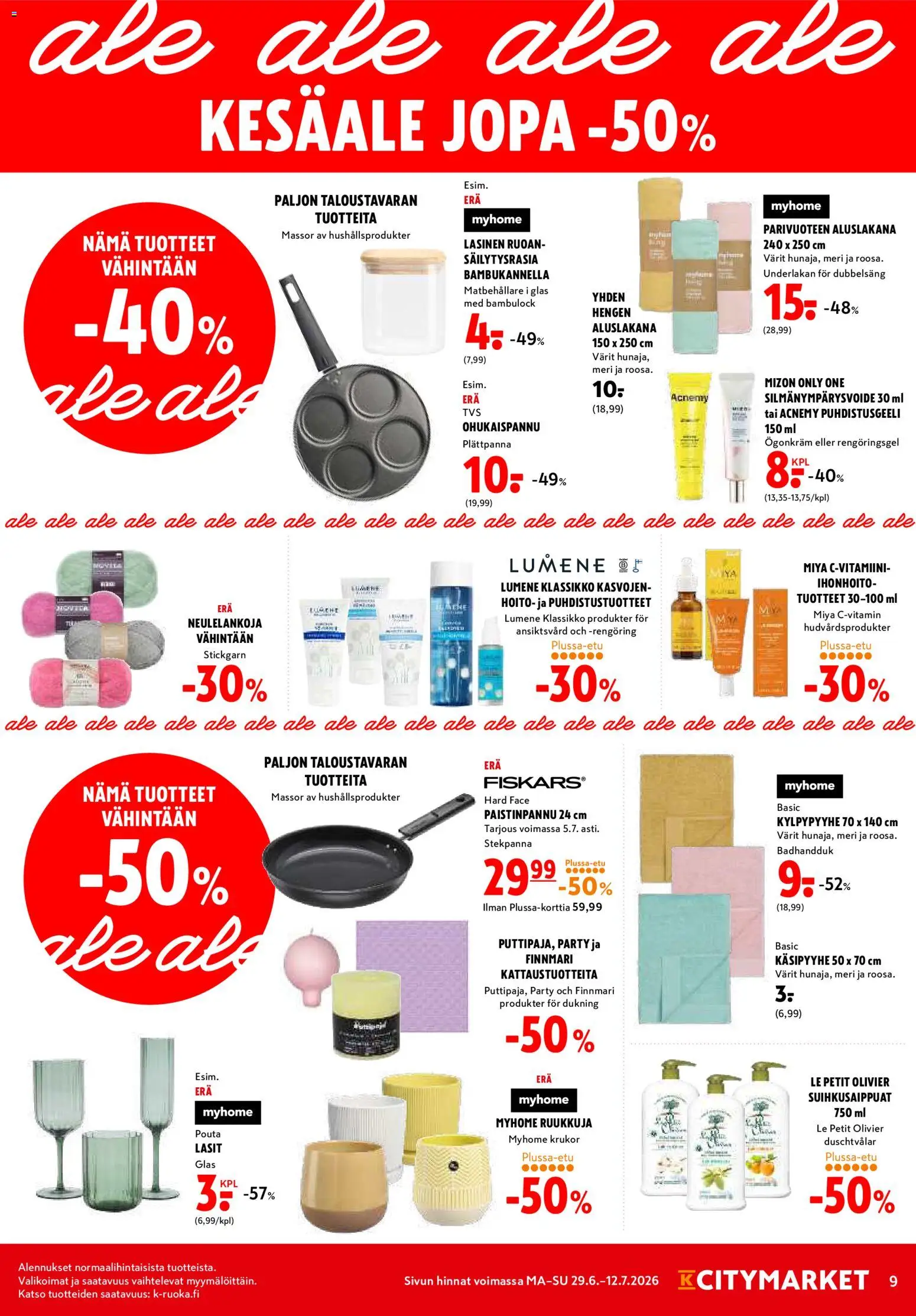 K-Citymarket tarjoukset – voimassa 29/06/2026 alkaen | Sivu: 9 | Tuotteet: Aluslakana, Silmänympärysvoide, Paistinpannu