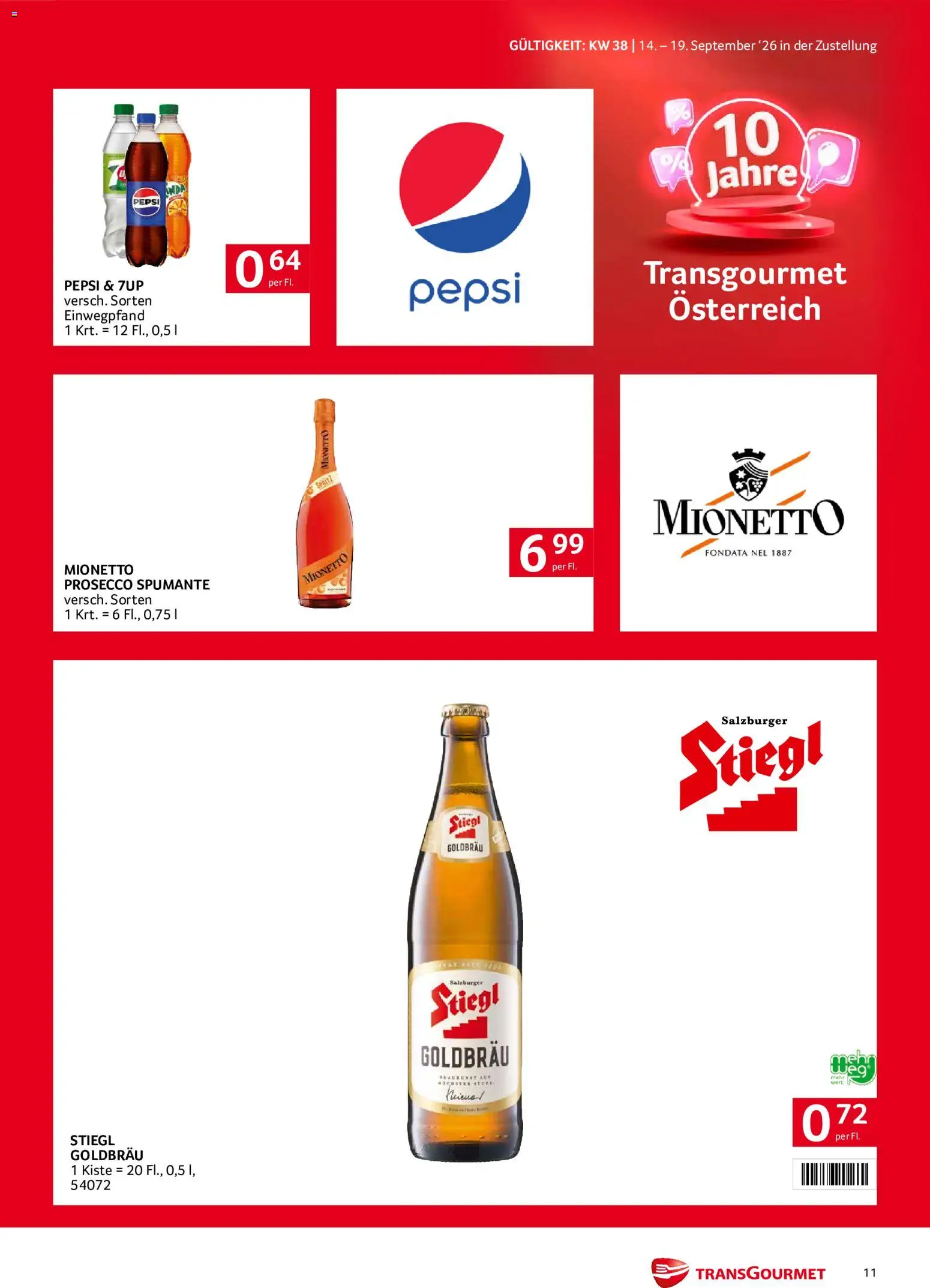 Transgourmet Zustellaktion gültig ab 14.09.2026 | Seite: 11 | Produkte: Prosecco, Pepsi