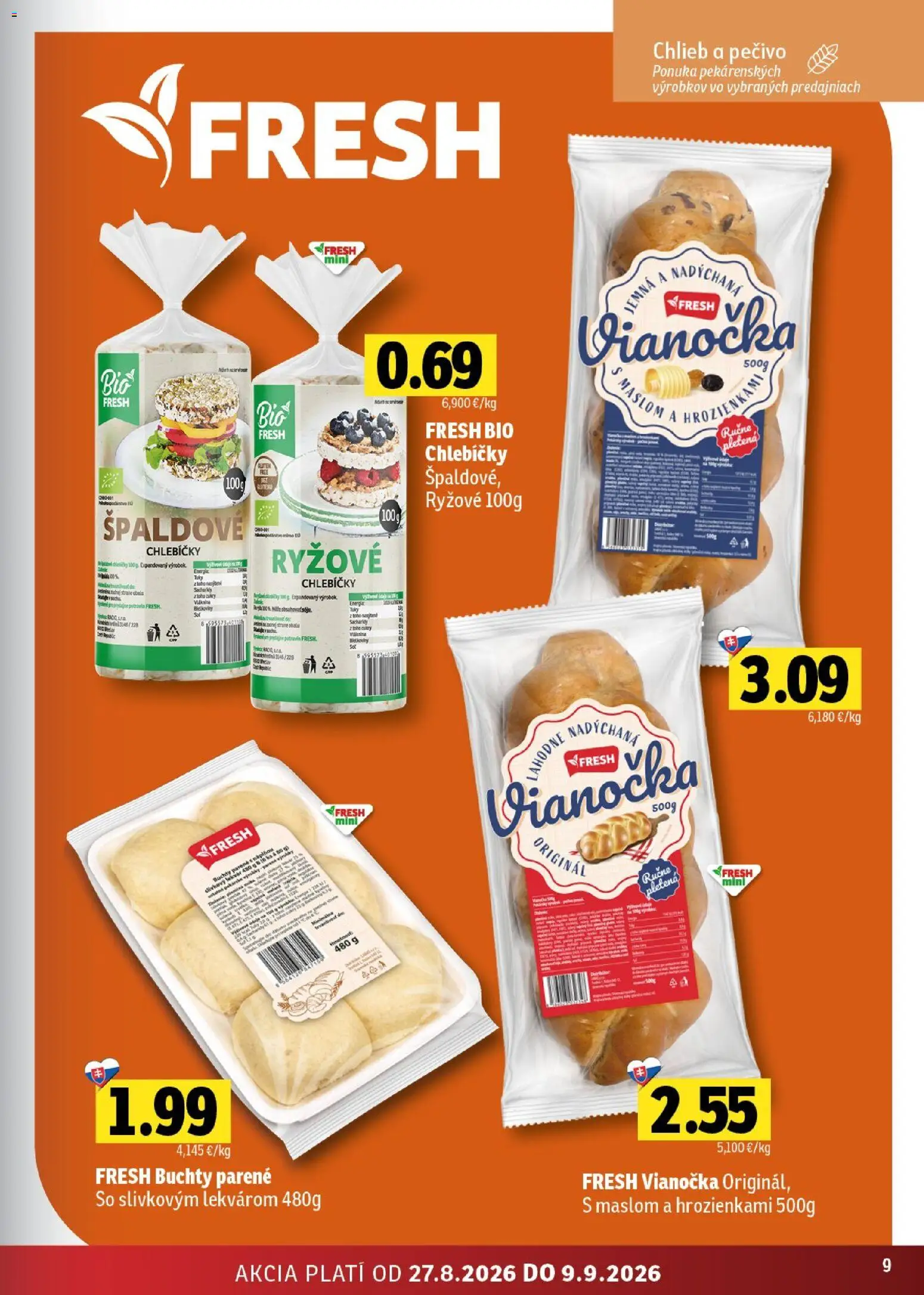 Nové Fresh akcie – leták je platný od 27.08.2026 | Strana: 9 | Produkty: Chlieb, Slivkový lekvár, Lekvár, Pečivo