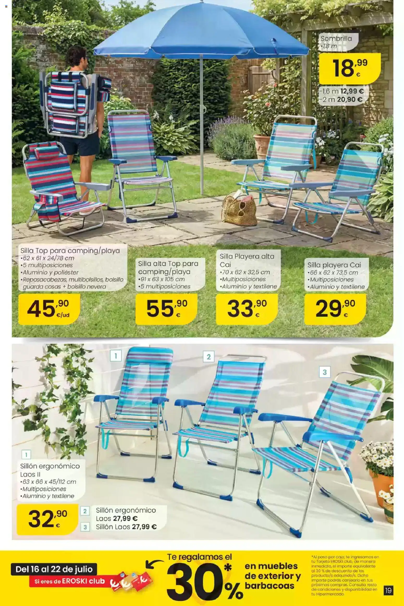 Eroski Oferta │ válido desde el 16/07/2026 | Página: 19 | Productos: Sombrilla, Muebles, Nevera, Silla