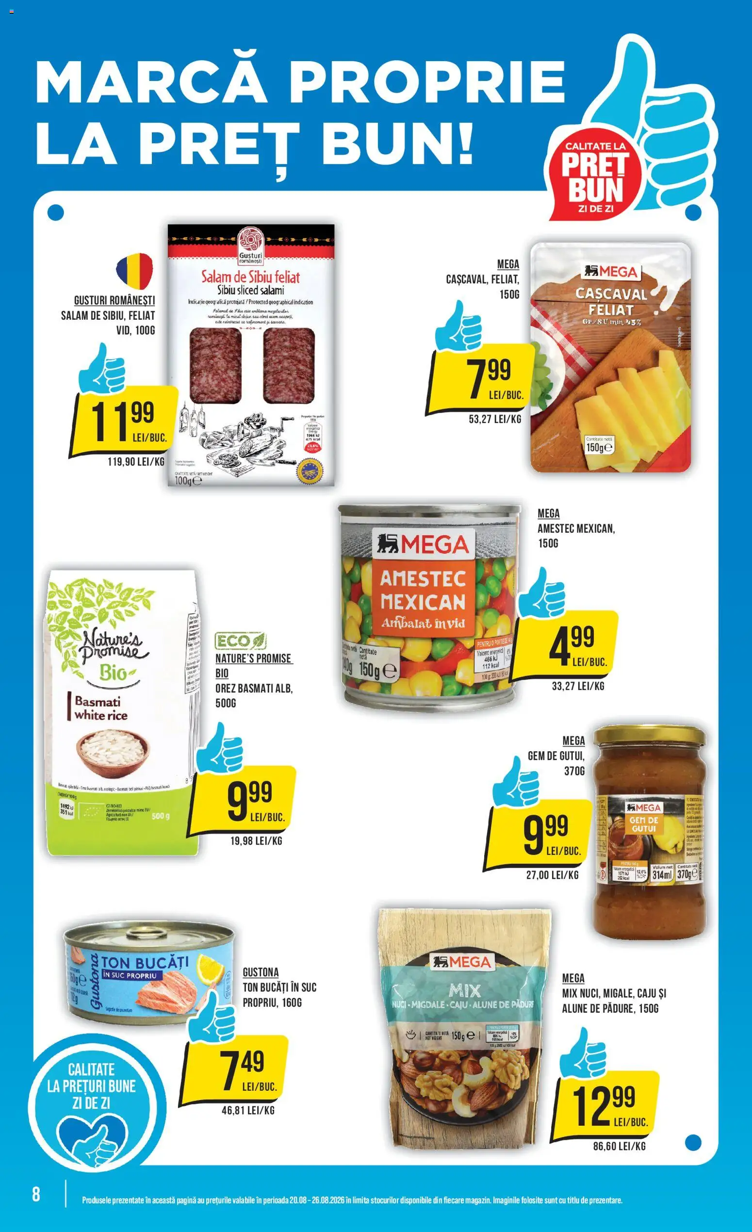 Noul catalog Mega Image – valabil de la 20.08.2026 | Pagină: 8 | Produse: Migdale, Salam, Orez basmati, Alune de pădure