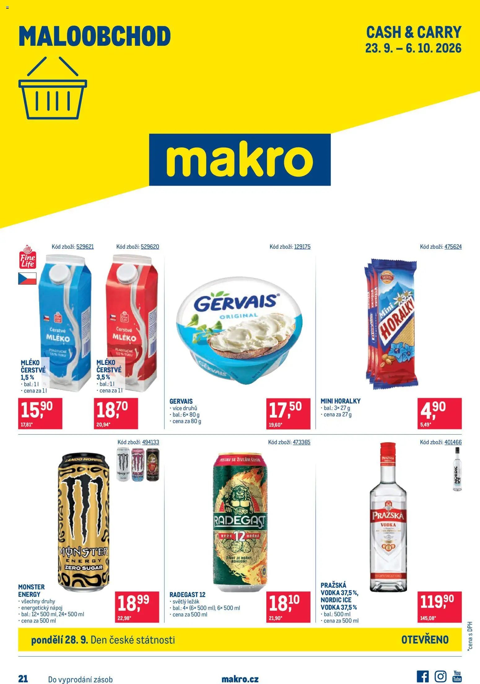 Makro leták od 23.09.2026 | Strana: 1 | Produkty: Mléko, Vodka, Energetický nápoj, Pražská vodka
