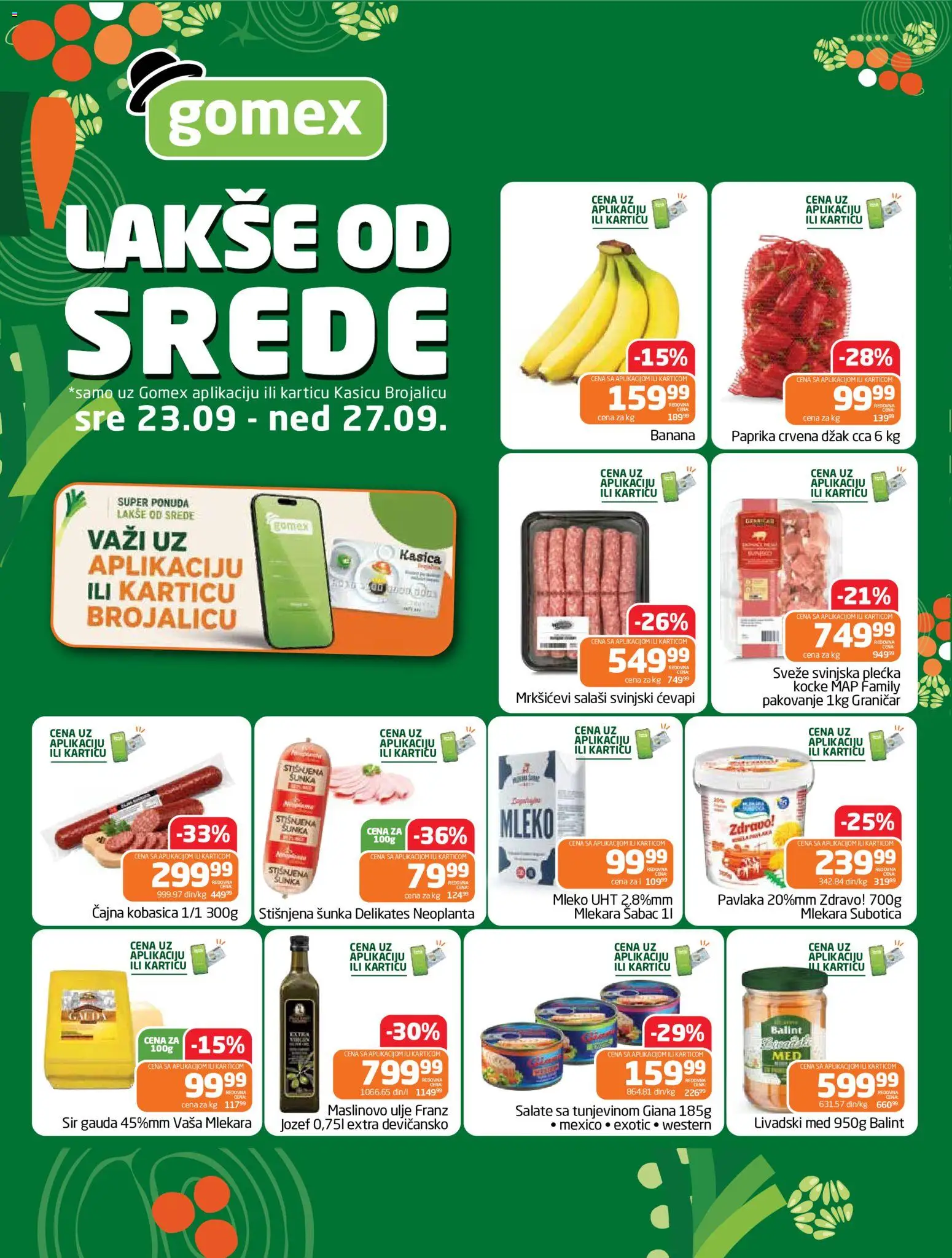 Gomex katalog - važi od 23.09.2026 | Strana: 1 | Proizvode: Banana, Mleko, Sir, Kobasica