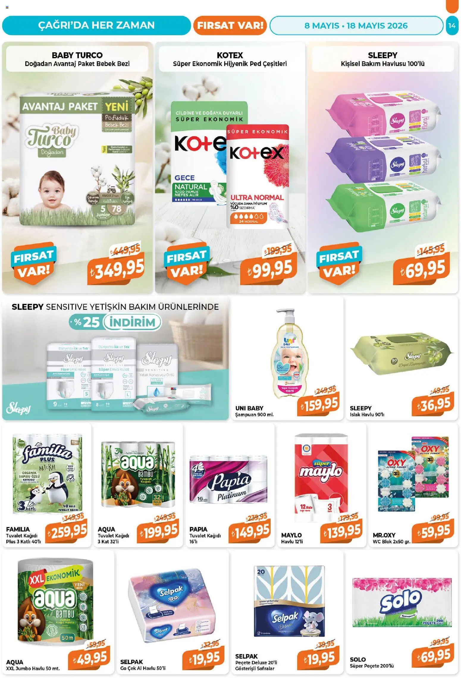 Çağrı Market Katalog - 08.05.2026 tarihinden itibaren geçerlidir | Sayfa: 14 | Ürünler: Hijyenik ped, Şampuan, Yatak koruyucu, Külot