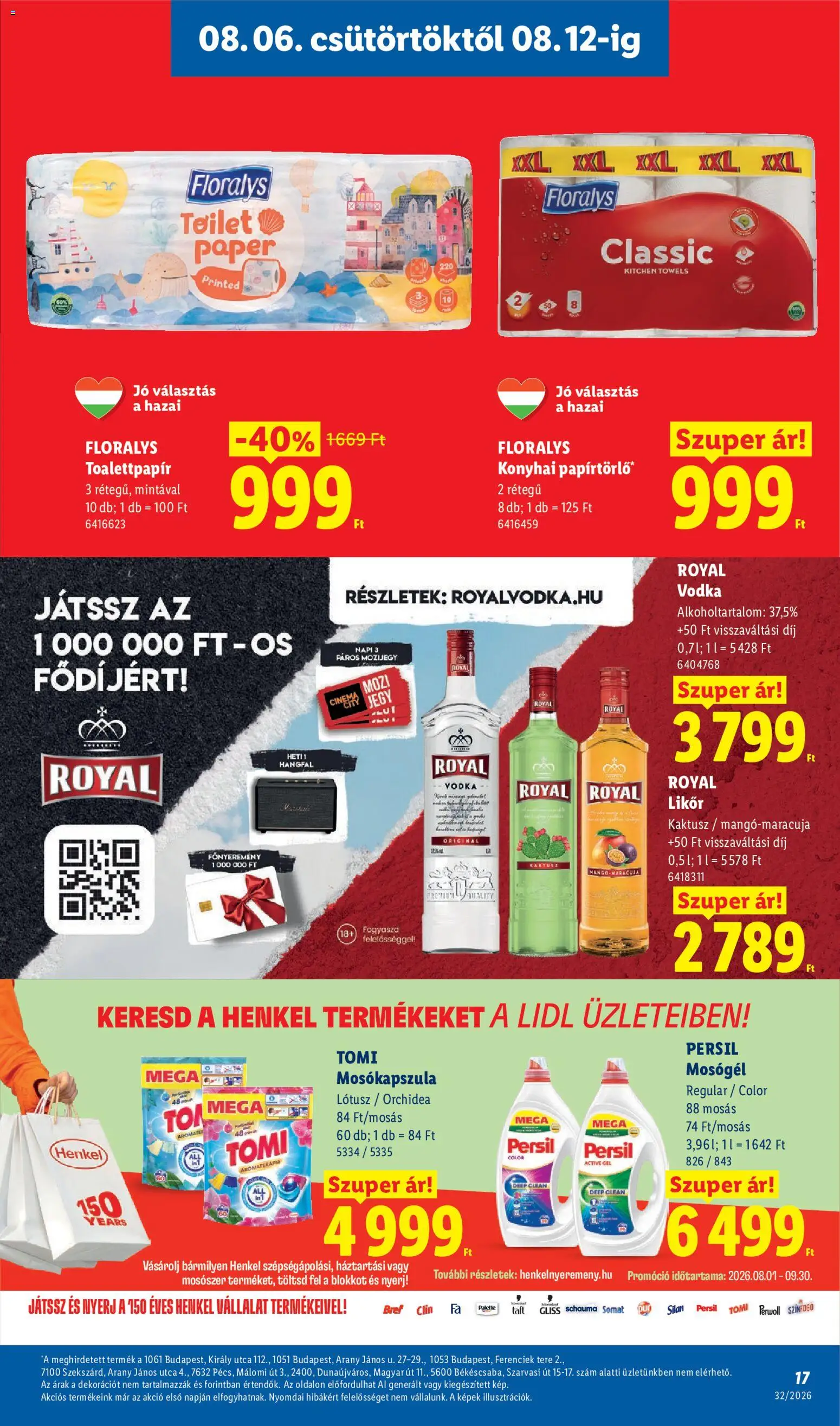 Lidl akciós ujság - amely érvényes a következő dátumtól: 2026.08.06. | Oldal: 17 | Termékek: Papírtörlő, Szarvasi, Mosókapszula, Vodka