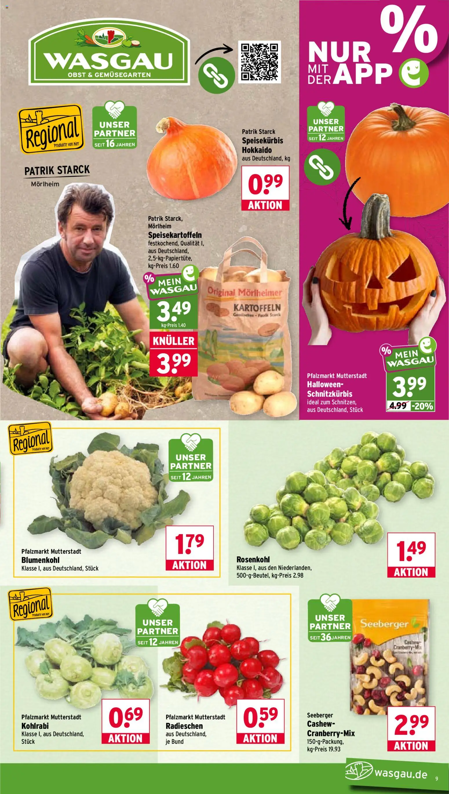 Wasgau Prospekt – gültig ab 28.09.2026 | Seite: 9 | Produkte: Kohlrabi, Cashew, Kartoffeln, Obst