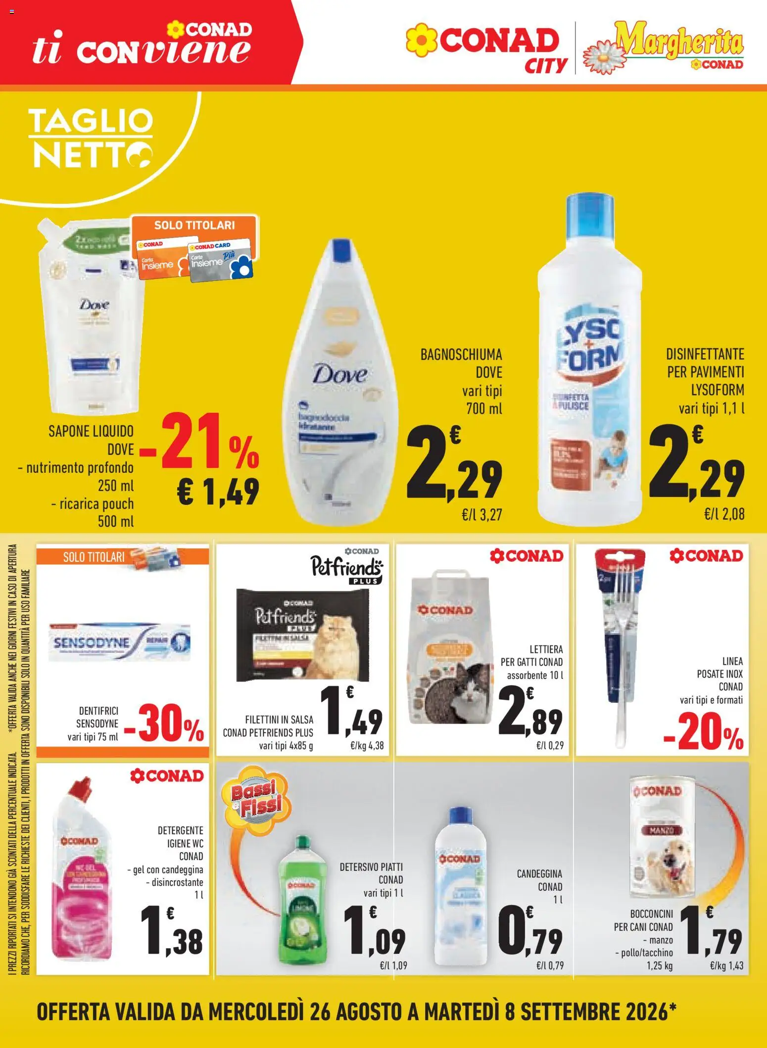 Volantino Conad del 26/08/2026 | Pagina: 10 | Prodotti: Lettiera per gatti, Detergente, Candeggina, WC