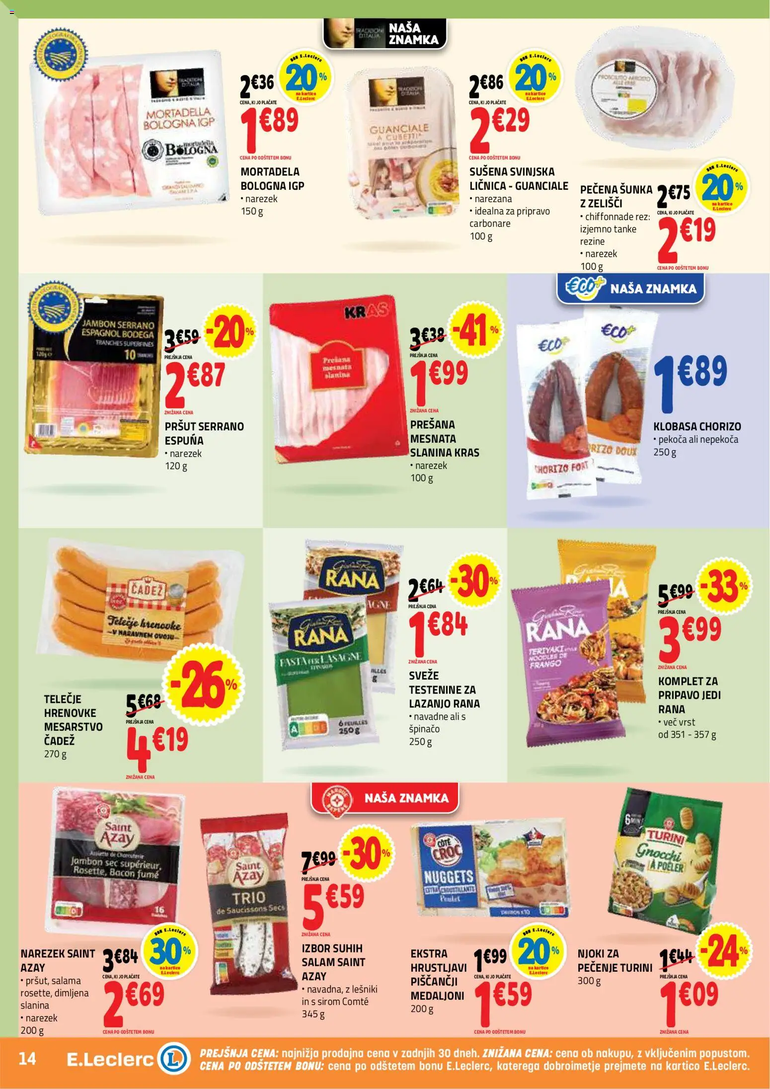 Novi E.leclerc katalog ponudbe – veljaven od 08.07.2026 | Stran: 14 | Izdelki: Hrenovke, Mortadela, Sunka, Testenine