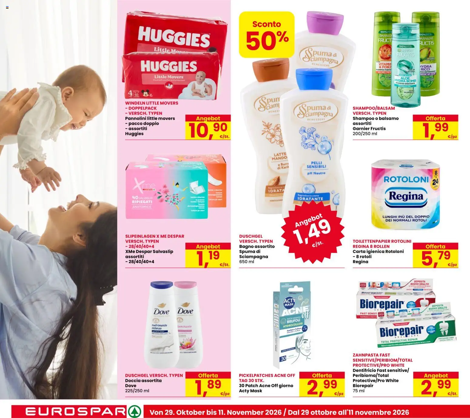 Volantino Eurospar del 29/10/2026 | Pagina: 22 | Prodotti: Crema, Pannolini, Carta igienica, Latte