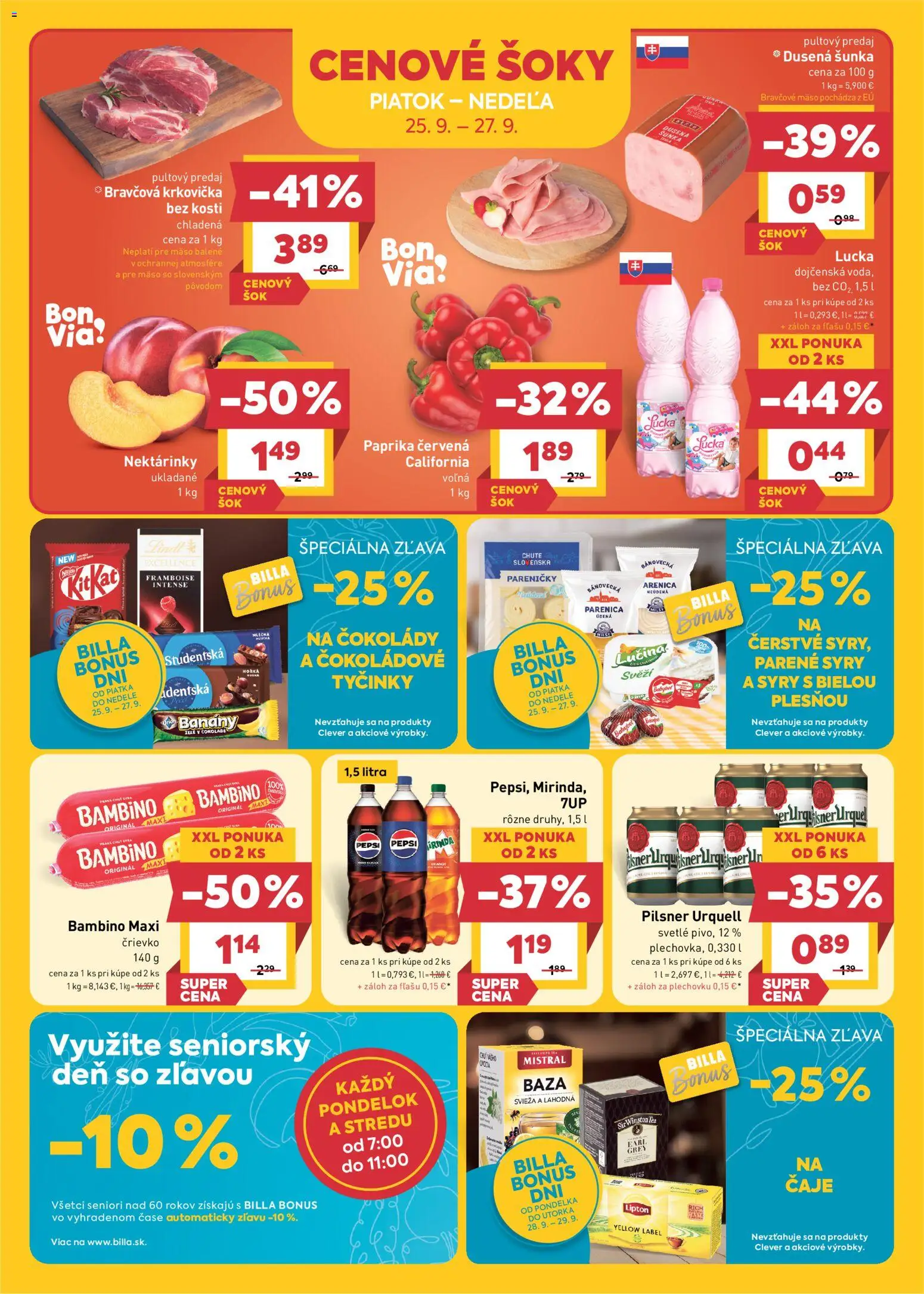 Nové Billa akcie – leták je platný od 23.09.2026 | Strana: 20 | Produkty: Pivo, Šunka, Lindt, Mäso
