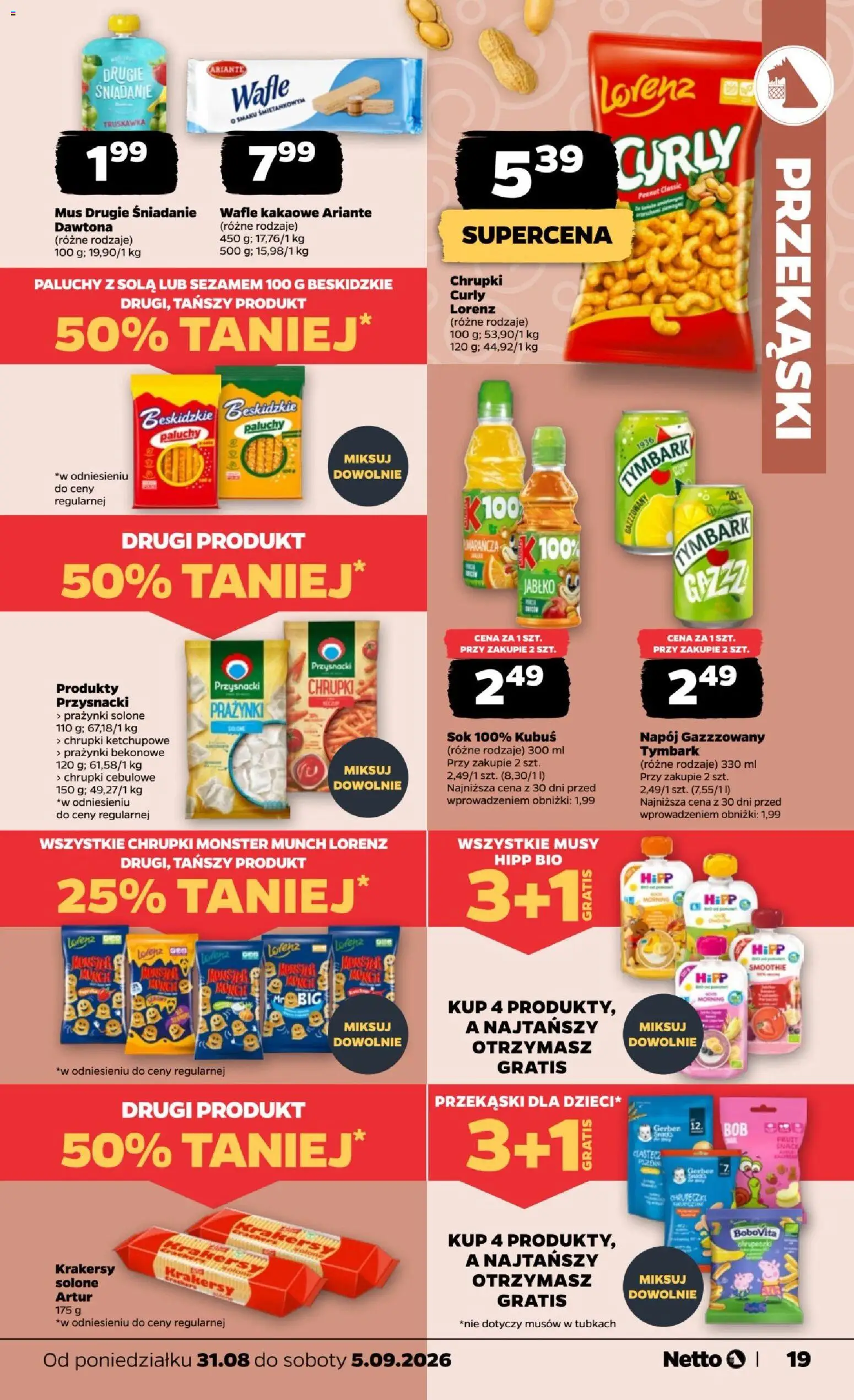 Netto gazetka od poniedziałku od 31.08.2026 | Strona: 19 | Produkty: Przekąski, Tymbark, Chrupki cebulowe, Smoothie
