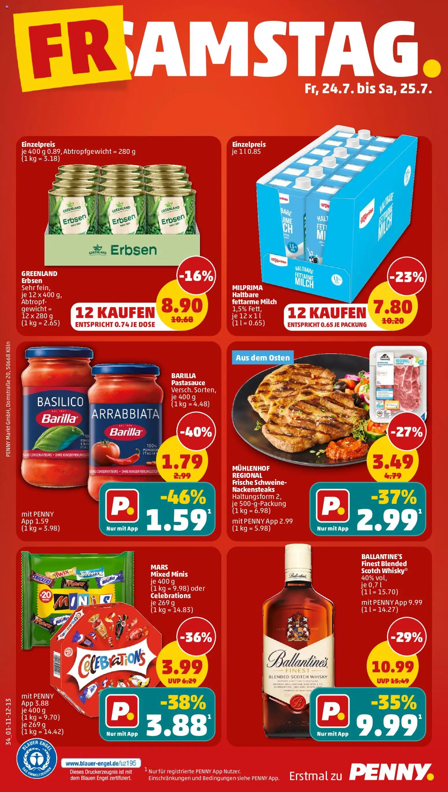 Penny Prospekt – gültig ab 20.07.2026 | Seite: 38 | Produkte: Nackensteaks, Whisky, Barilla, Erbsen